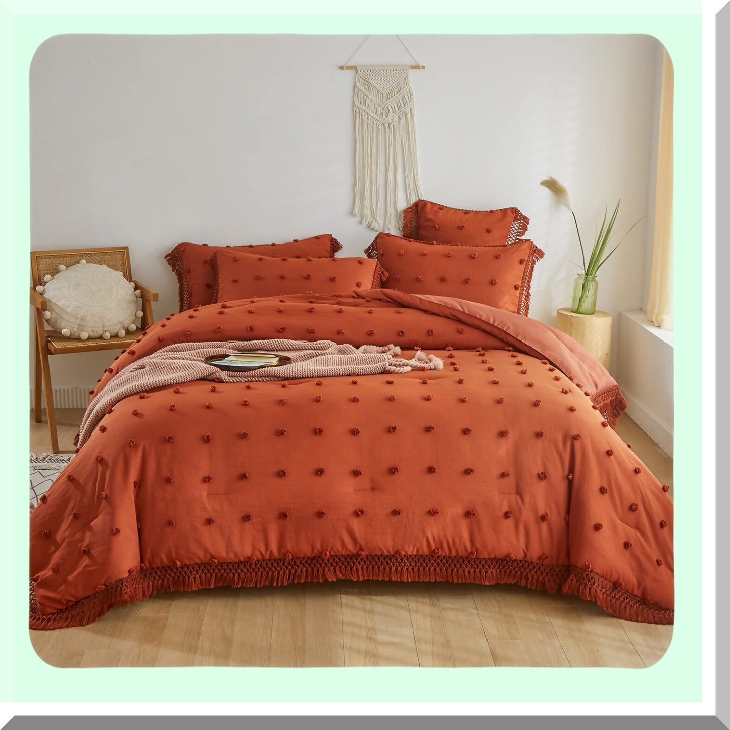 Terracotta Boho Comforter Set - 3 Piece Lightweight Bedding with Tufted Pom Pom Detail and 2 Pillowcases - Burnt Orange Bed Set