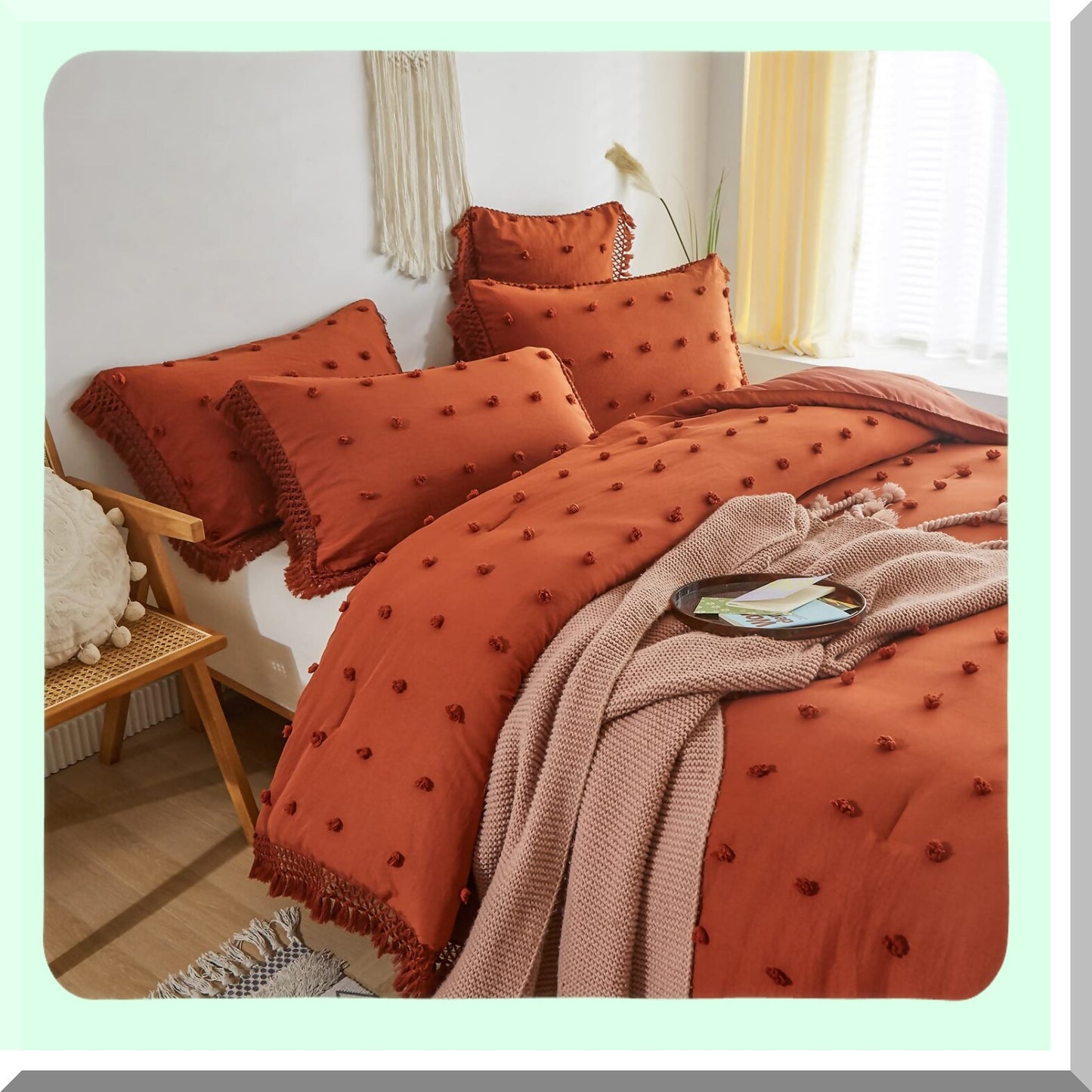 Terracotta Boho Comforter Set - 3 Piece Lightweight Bedding with Tufted Pom Pom Detail and 2 Pillowcases - Burnt Orange Bed Set