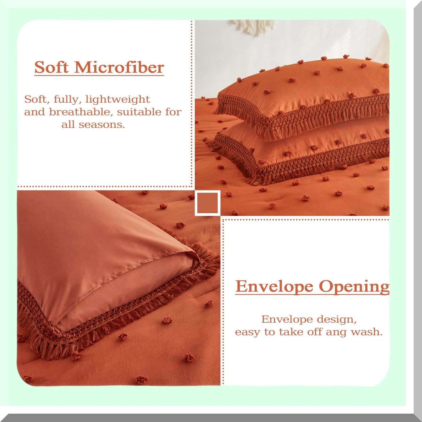 Terracotta Boho Comforter Set - 3 Piece Lightweight Bedding with Tufted Pom Pom Detail and 2 Pillowcases - Burnt Orange Bed Set