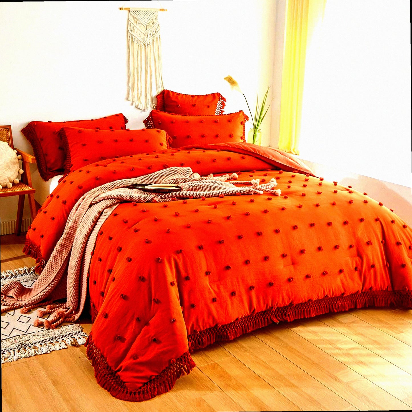 Terracotta Boho Comforter Set - 3 Piece Lightweight Bedding with Tufted Pom Pom Detail and 2 Pillowcases - Burnt Orange Bed Set