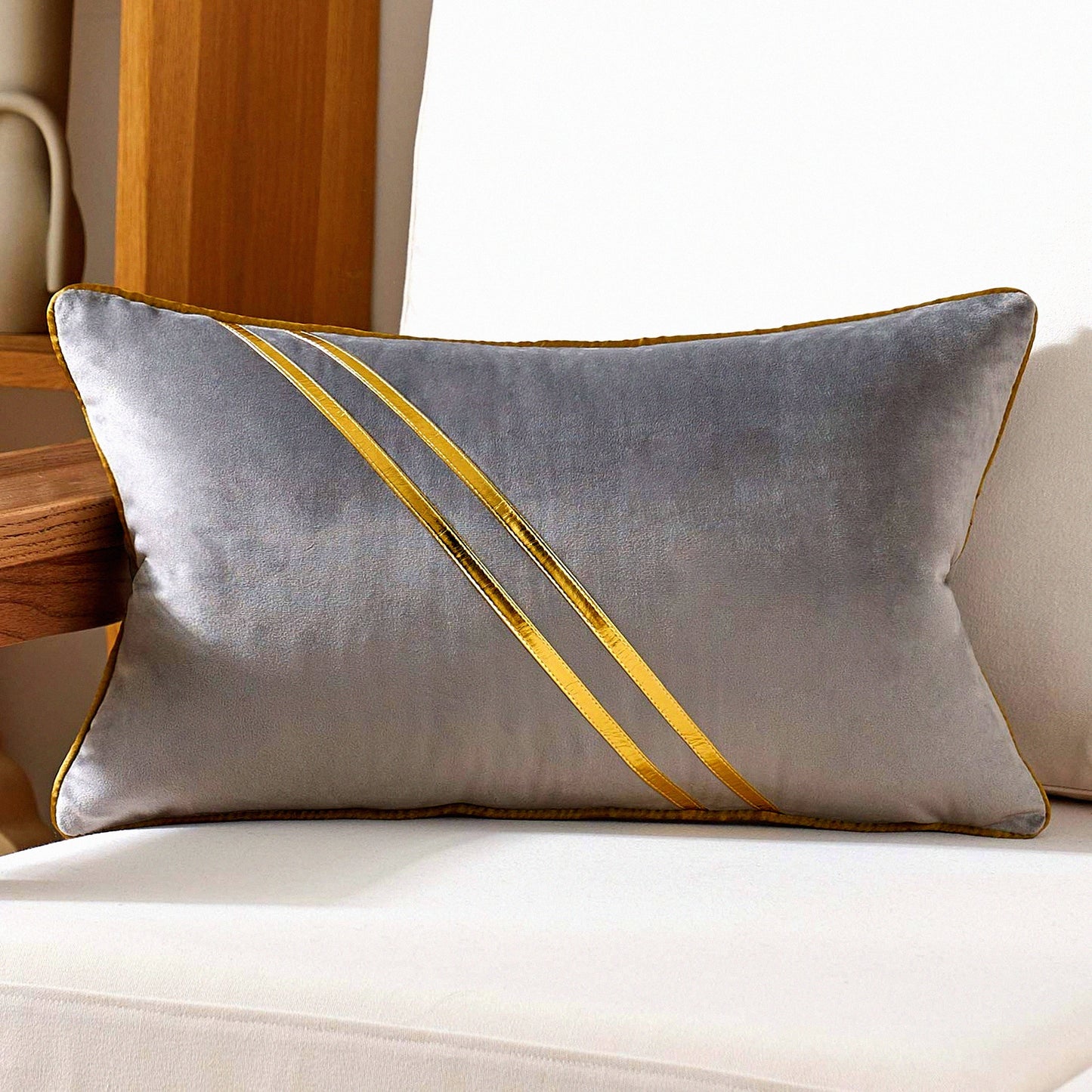 Luxury Velvet Striped Lines Throw Pillow Cover - Gray Gold Leather Cushion Case for Couch, Living Room, Bedroom, Car - Modern Decorative Pillow