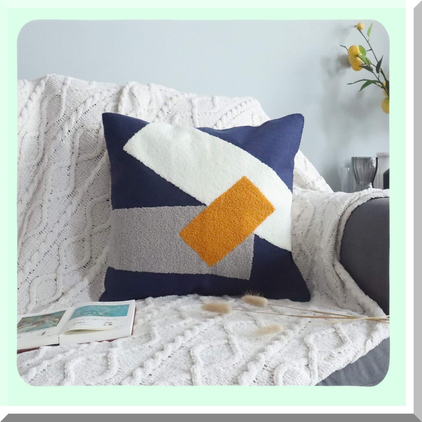 Mid Century Geometric Embroidered Pillowcase - Blue White Decorative Throw Pillow Cover for Home Couch Sofa Beds - Modern Texture Cushion Sham - 1 PCS