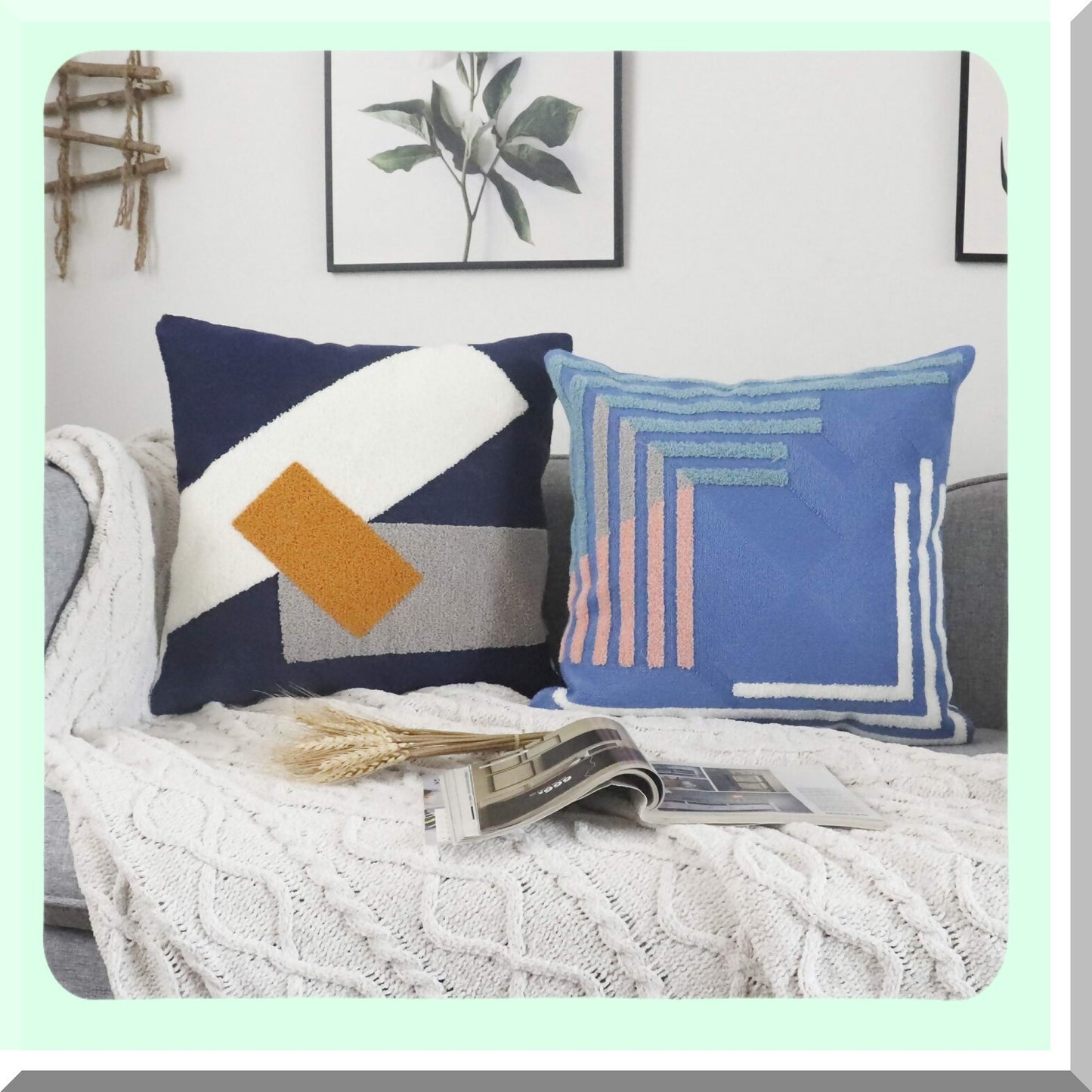 Mid Century Geometric Embroidered Pillowcase - Blue White Decorative Throw Pillow Cover for Home Couch Sofa Beds - Modern Texture Cushion Sham - 1 PCS