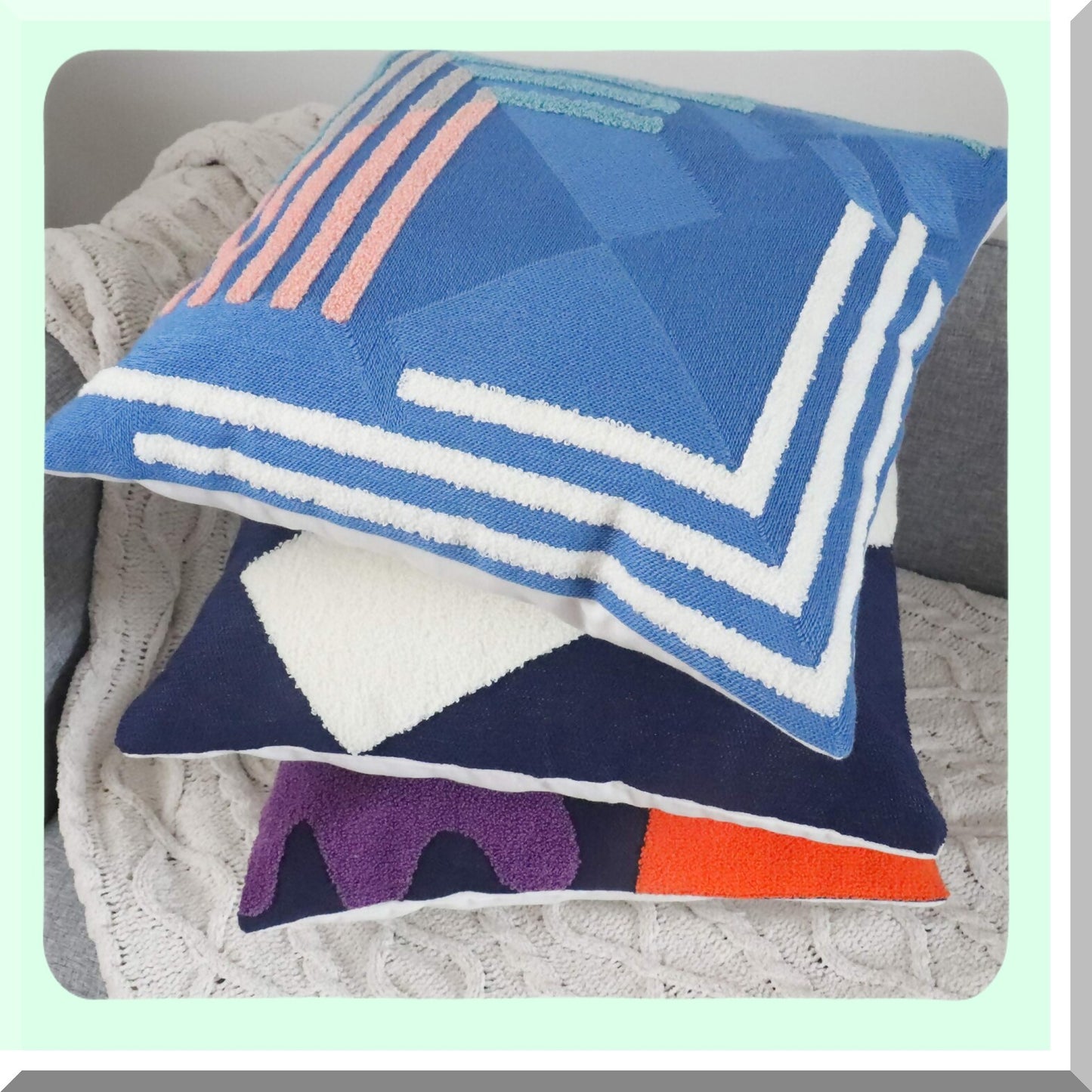 Mid Century Geometric Embroidered Pillowcase - Blue White Decorative Throw Pillow Cover for Home Couch Sofa Beds - Modern Texture Cushion Sham - 1 PCS