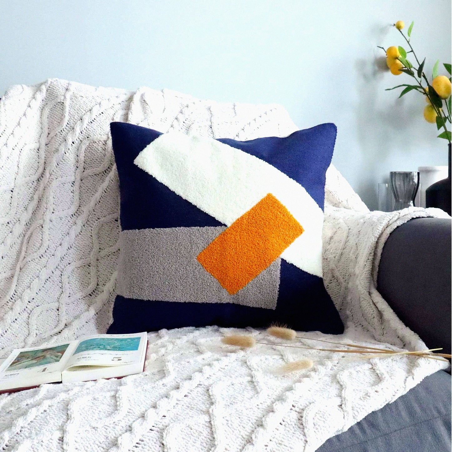 Mid Century Geometric Embroidered Pillowcase - Blue White Decorative Throw Pillow Cover for Home Couch Sofa Beds - Modern Texture Cushion Sham - 1 PCS