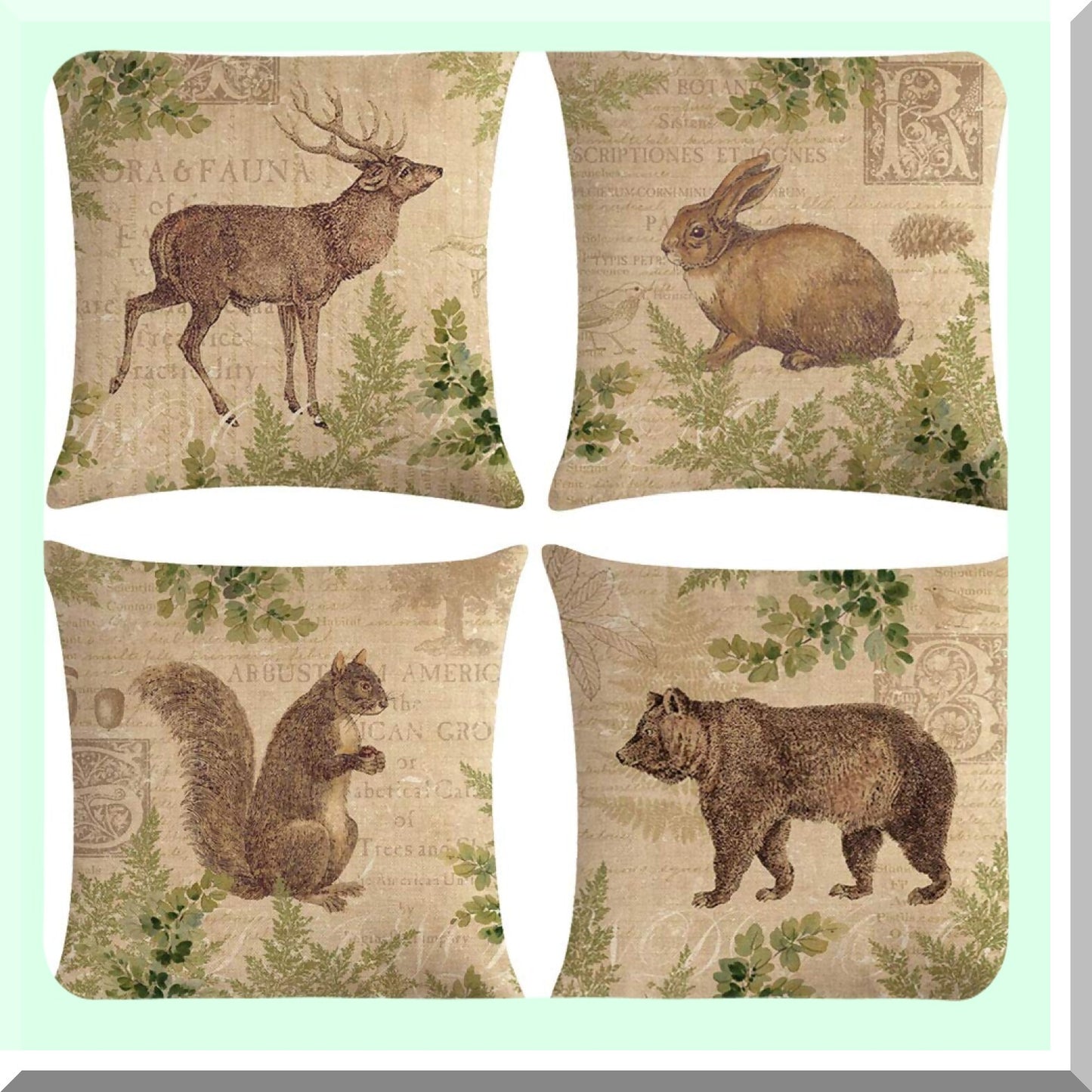 Wildlife Forest Friends Pillow Covers - Squirrel Bear Elk Rabbit Green Plants Cushion Cover Set - Vintage Home Decor Square Linen Pillowcase 18" X 18"