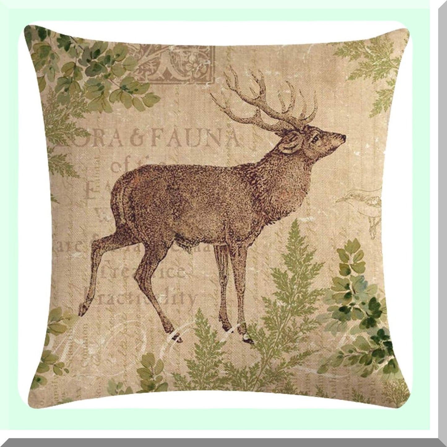 Wildlife Forest Friends Pillow Covers - Squirrel Bear Elk Rabbit Green Plants Cushion Cover Set - Vintage Home Decor Square Linen Pillowcase 18" X 18"