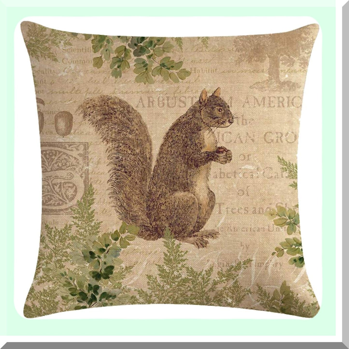 Wildlife Forest Friends Pillow Covers - Squirrel Bear Elk Rabbit Green Plants Cushion Cover Set - Vintage Home Decor Square Linen Pillowcase 18" X 18"