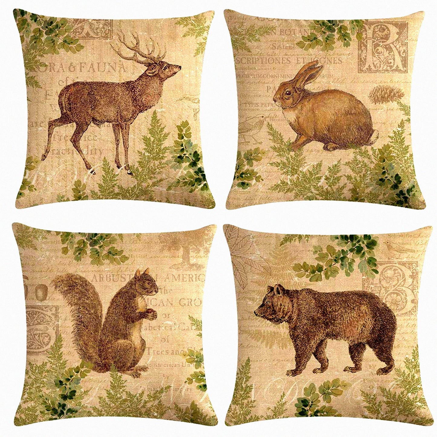 Wildlife Forest Friends Pillow Covers - Squirrel Bear Elk Rabbit Green Plants Cushion Cover Set - Vintage Home Decor Square Linen Pillowcase 18" X 18"