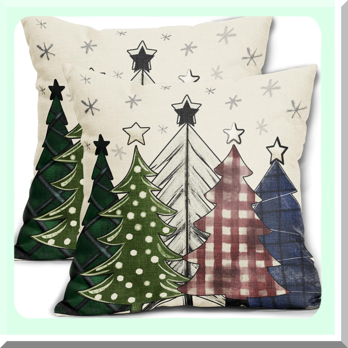 Winter Wonderland Tree Pillow Covers - Set of 2 18x18 Inch Red Green Blue Xmas Plaid Rustic Decorative Throw Cases for Farmhouse Sofa Bed Outdoor Decor