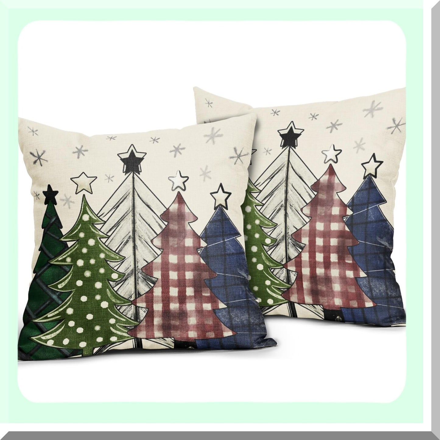 Winter Wonderland Tree Pillow Covers - Set of 2 18x18 Inch Red Green Blue Xmas Plaid Rustic Decorative Throw Cases for Farmhouse Sofa Bed Outdoor Decor