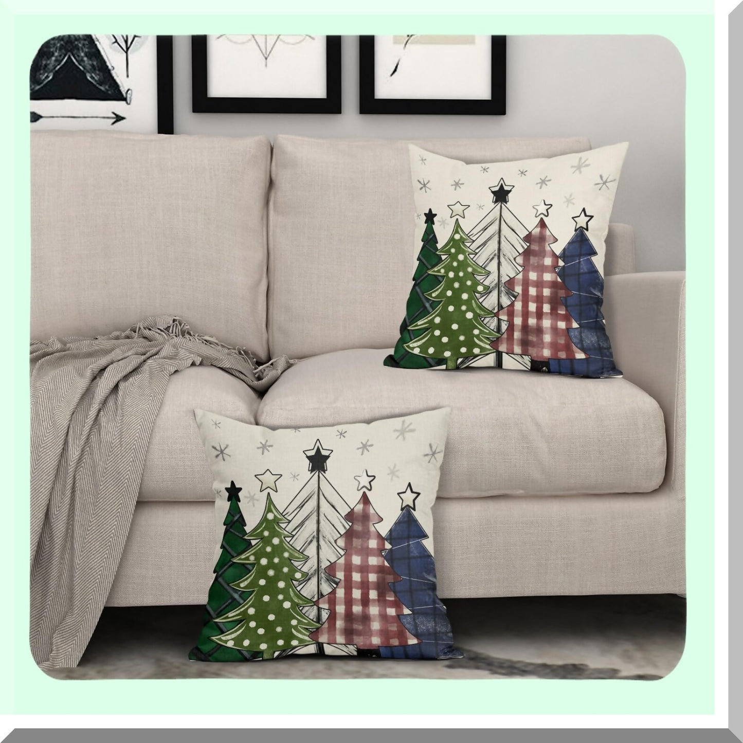 Winter Wonderland Tree Pillow Covers - Set of 2 18x18 Inch Red Green Blue Xmas Plaid Rustic Decorative Throw Cases for Farmhouse Sofa Bed Outdoor Decor