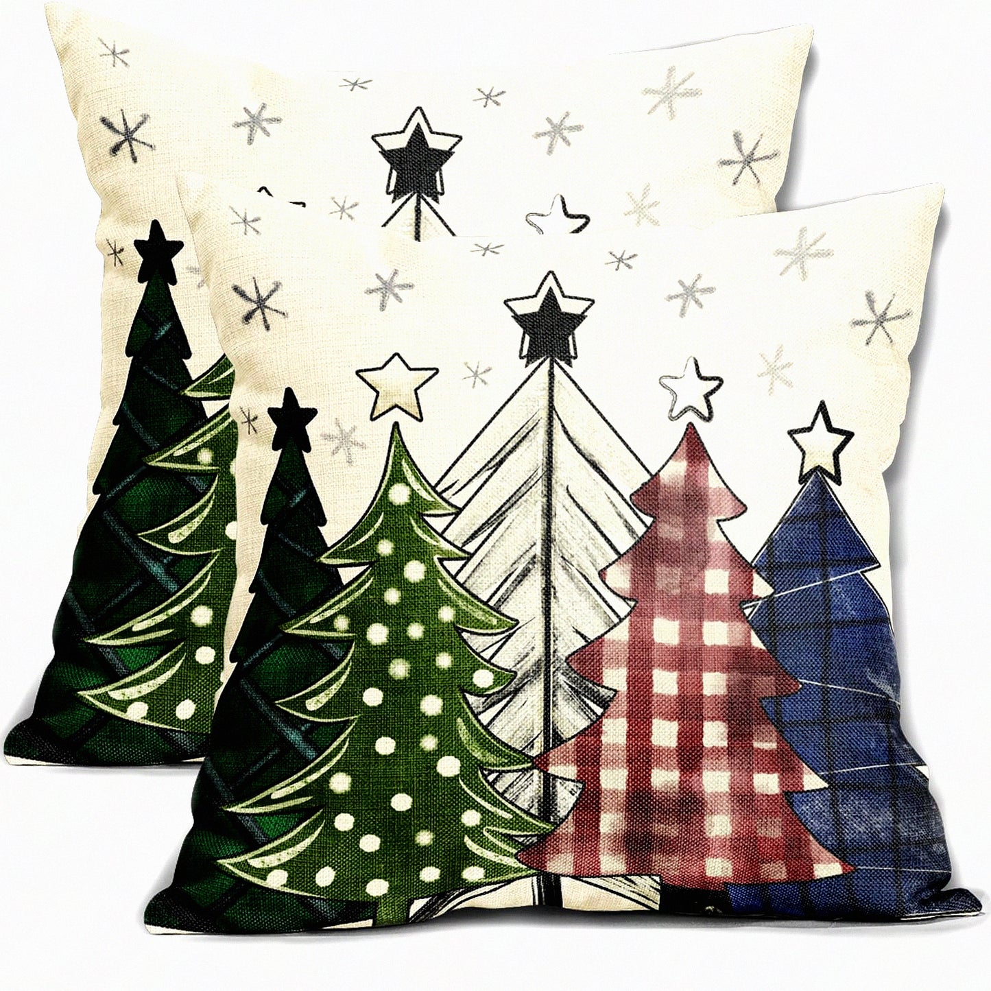 Winter Wonderland Tree Pillow Covers - Set of 2 18x18 Inch Red Green Blue Xmas Plaid Rustic Decorative Throw Cases for Farmhouse Sofa Bed Outdoor Decor
