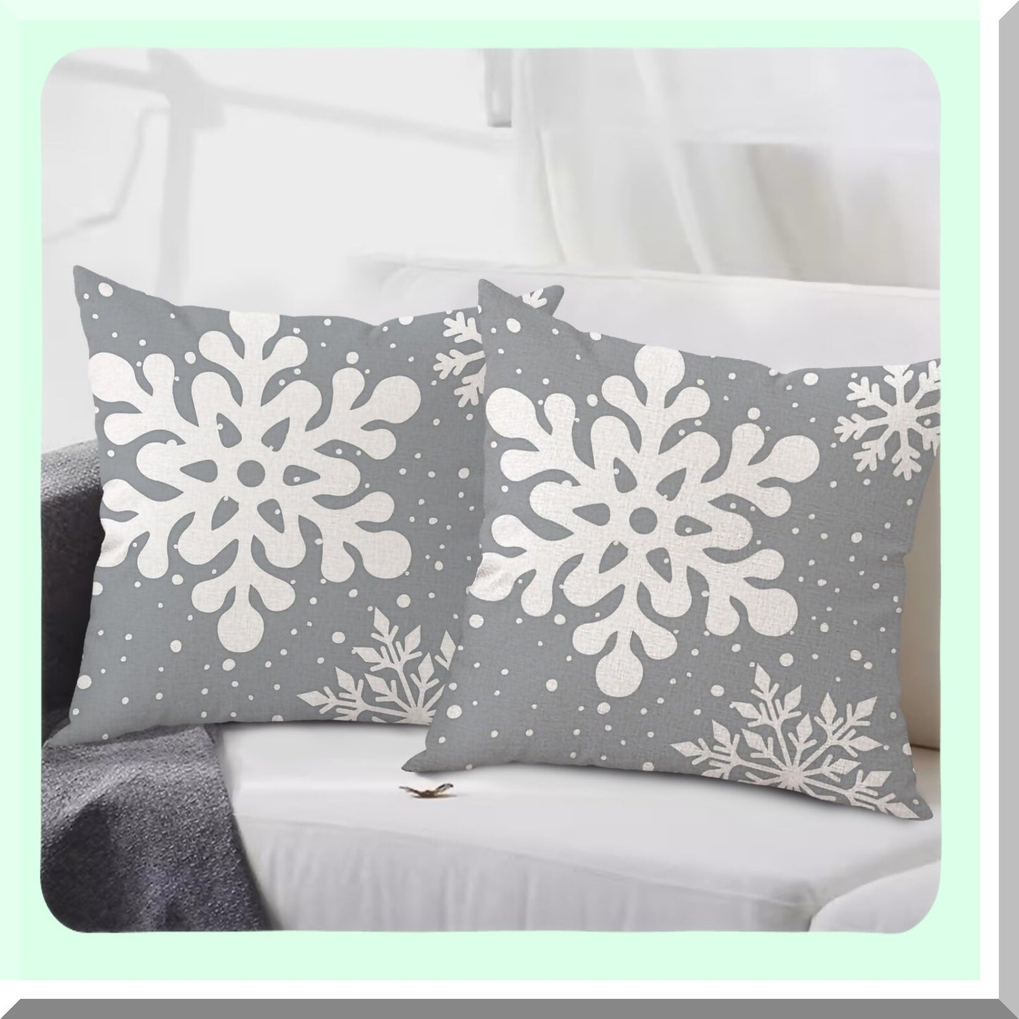 Snowflake Winter Grey Pillow Covers - Set of 2 Linen Square Cushion Cases 18x18 Inch for Sofa Couch Bed Living Room Holiday Decoration