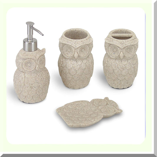 Owl Resin Sandstone Bathroom Accessory Set Beige