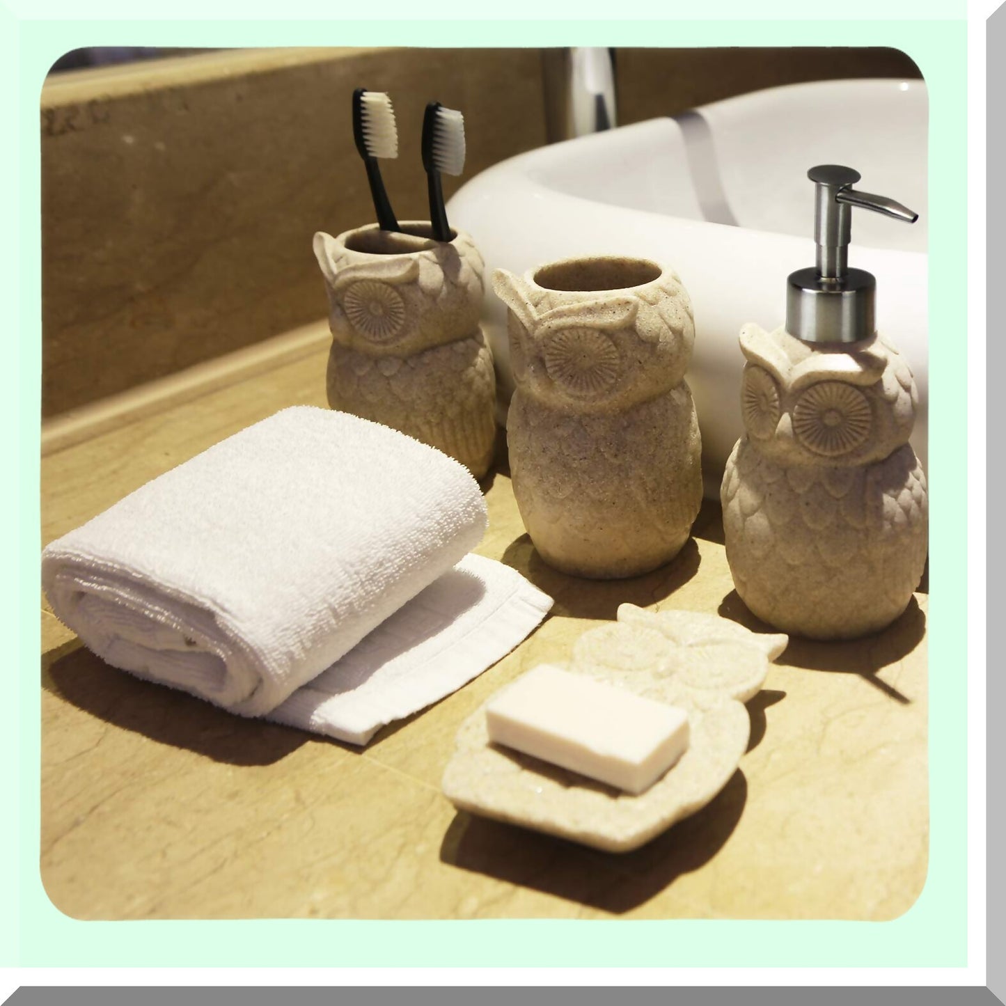 Owl Resin Sandstone Bathroom Accessory Set Beige
