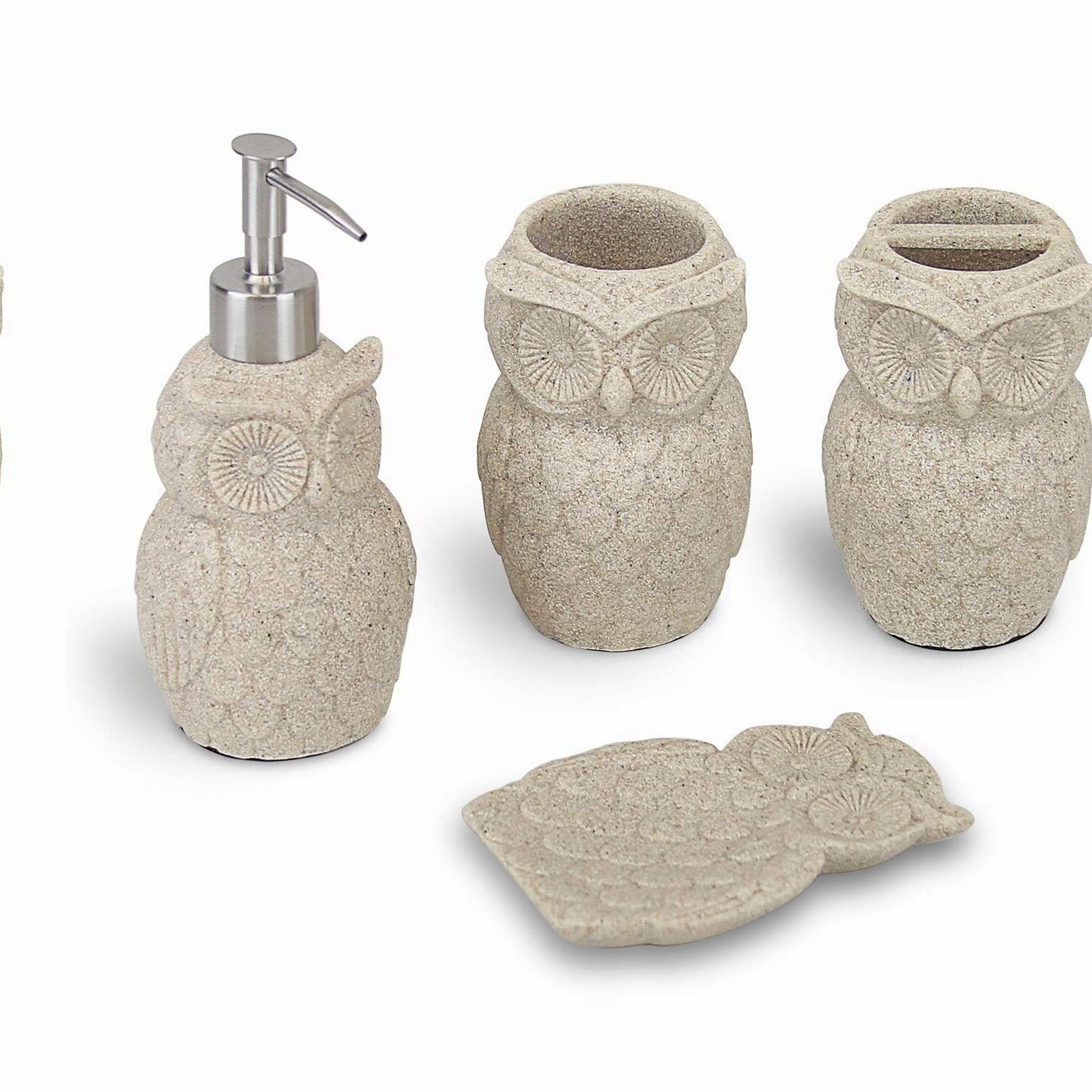 Owl Resin Sandstone Bathroom Accessory Set Beige