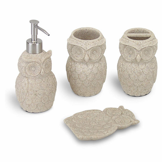 Owl Resin Sandstone Bathroom Accessory Set Beige