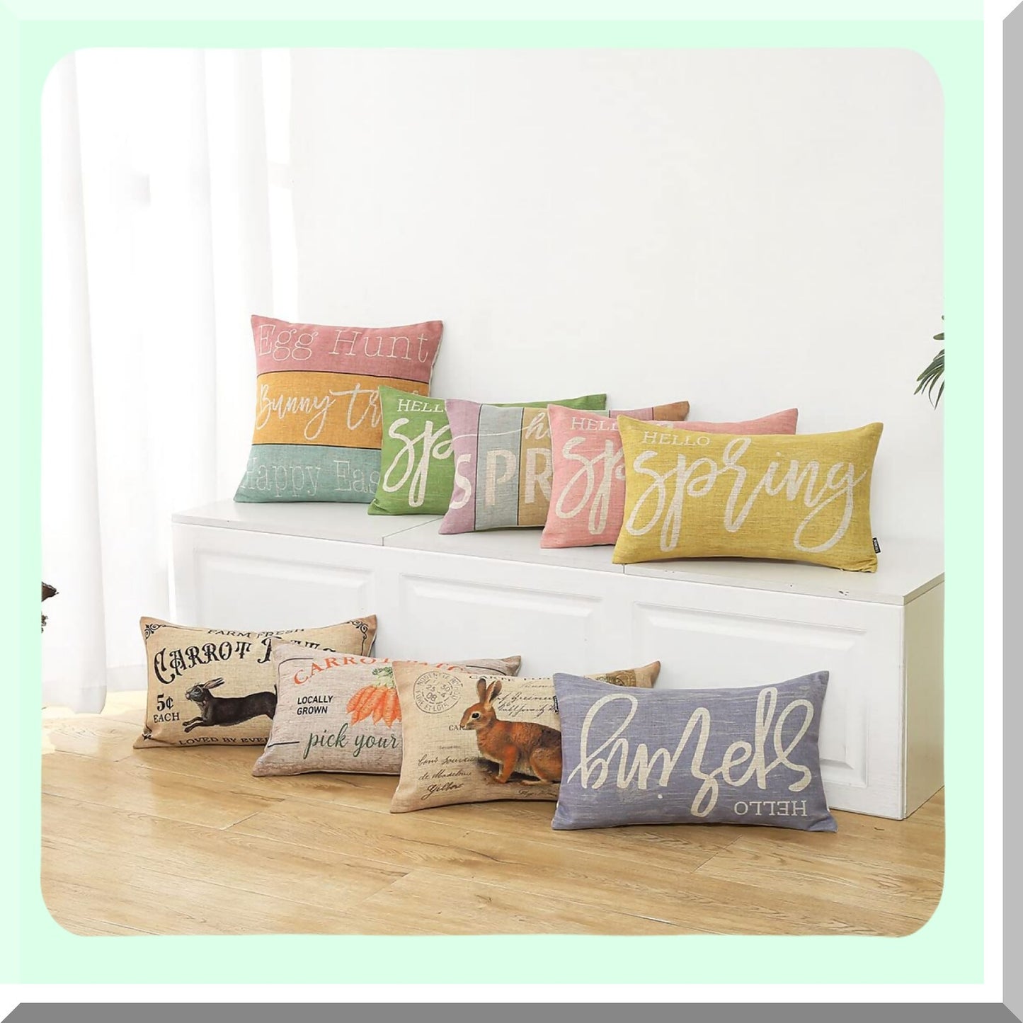 Retro Spring Farmhouse Bunny Lumbar Pillowcase - Decorative Cushion Cover for Couch Sofa Bedroom - Linen Pillow Covers 12x20 - PL972TR