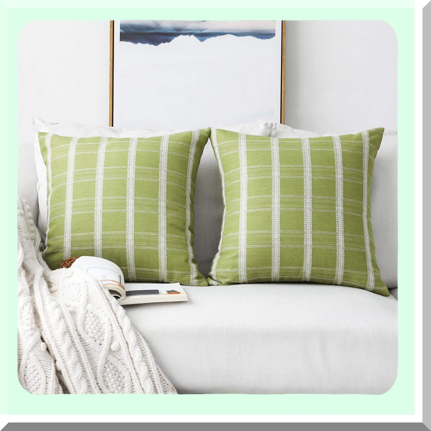 Spring Plaid Farmhouse Pillow Covers - Set of 2, Indoor Outdoor Decorative Pillowcases, Lime Green Checkered Cushion Cases 18x18 inches