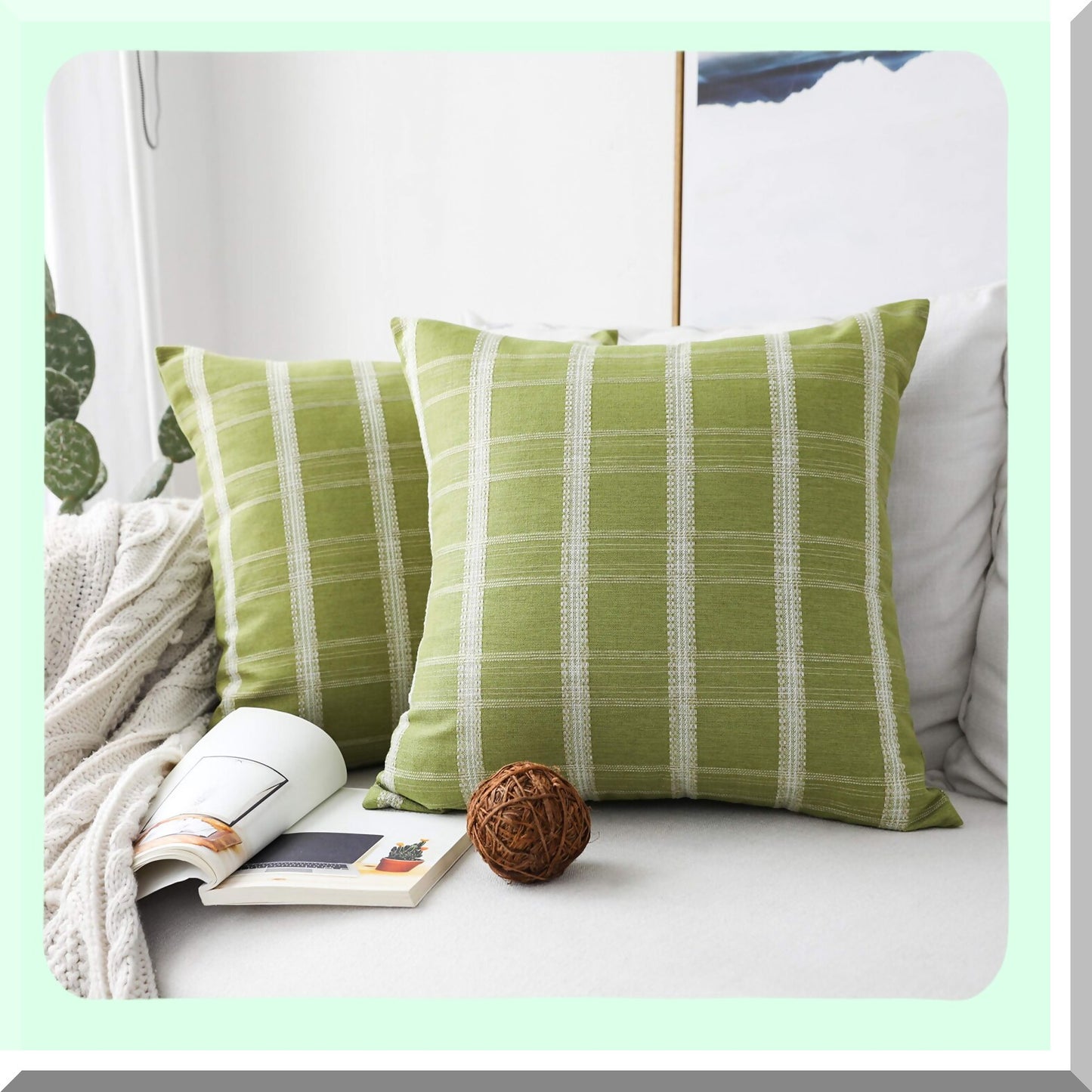 Spring Plaid Farmhouse Pillow Covers - Set of 2, Indoor Outdoor Decorative Pillowcases, Lime Green Checkered Cushion Cases 18x18 inches