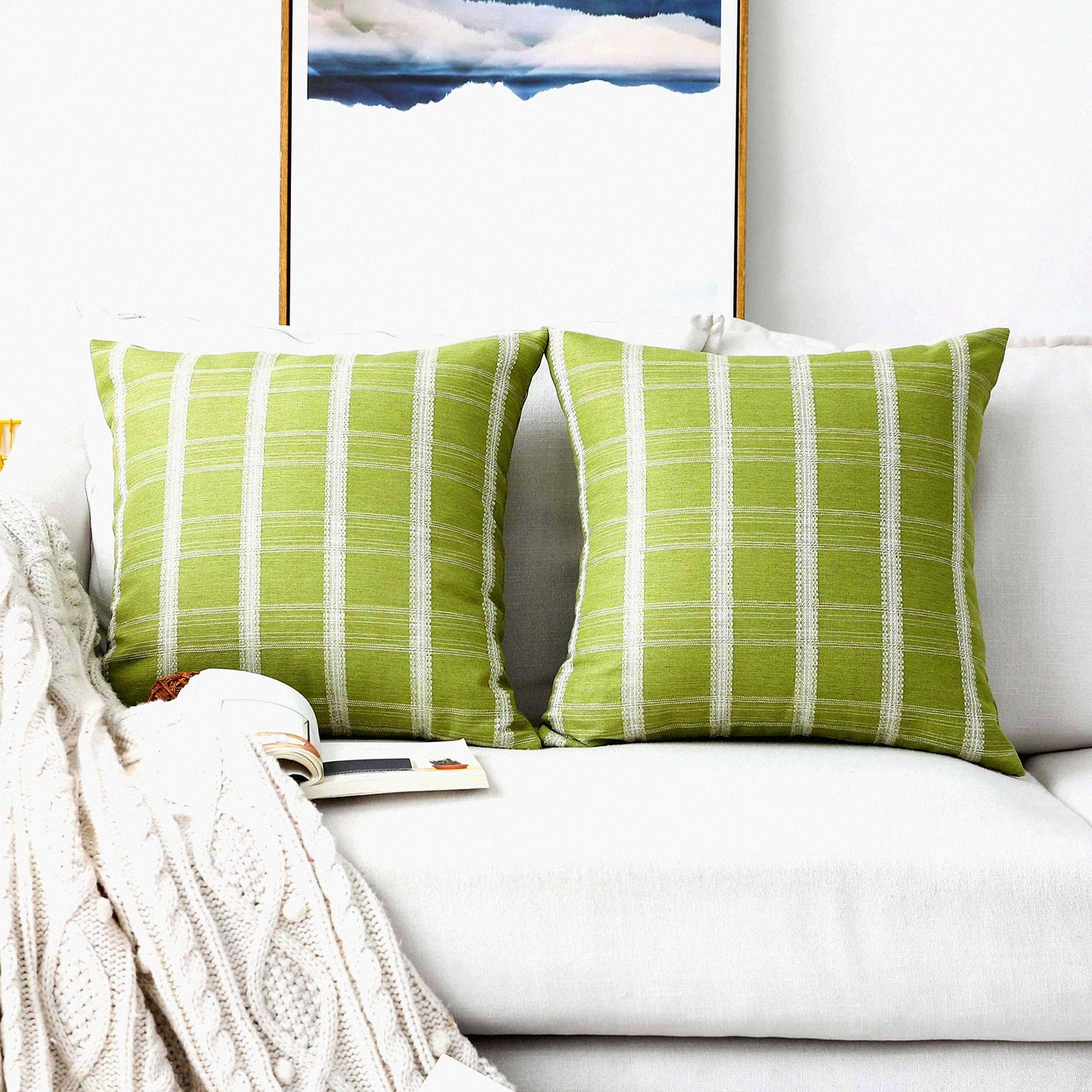 Spring Plaid Farmhouse Pillow Covers - Set of 2, Indoor Outdoor Decorative Pillowcases, Lime Green Checkered Cushion Cases 18x18 inches