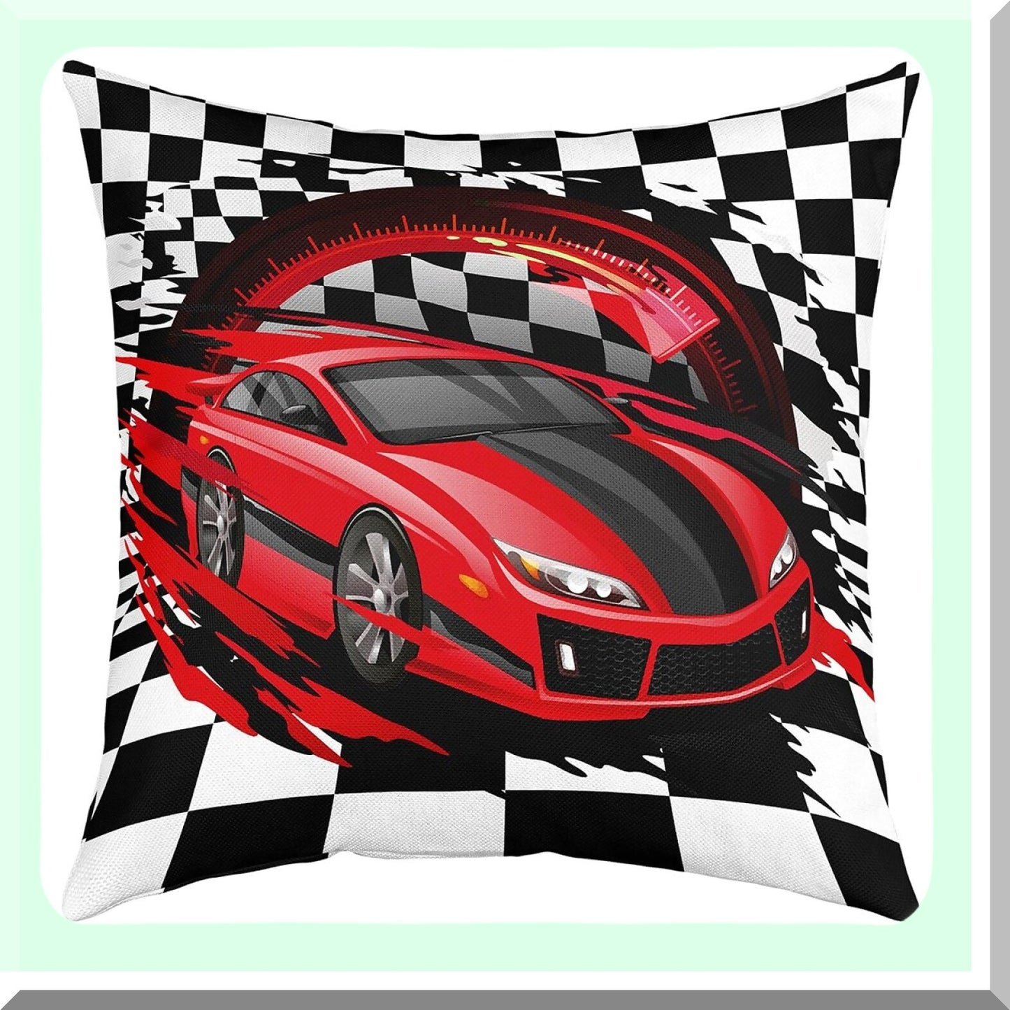 Speedy Grids Race Car Pillow Cover - 18x18 Inch Throw Cushion Case for Bed Sofa Couch - Red Sports Car Theme Decorative Square - Black White