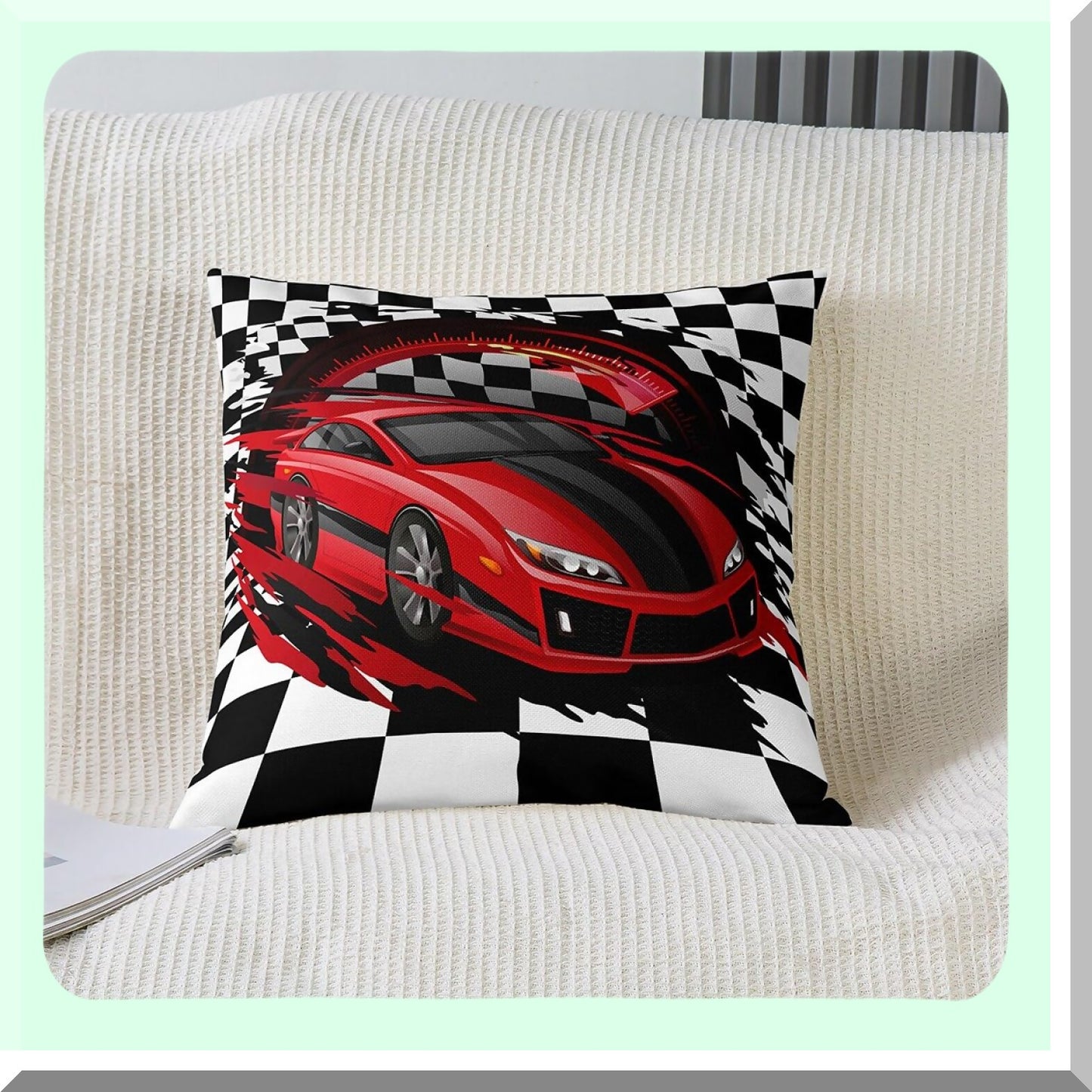Speedy Grids Race Car Pillow Cover - 18x18 Inch Throw Cushion Case for Bed Sofa Couch - Red Sports Car Theme Decorative Square - Black White