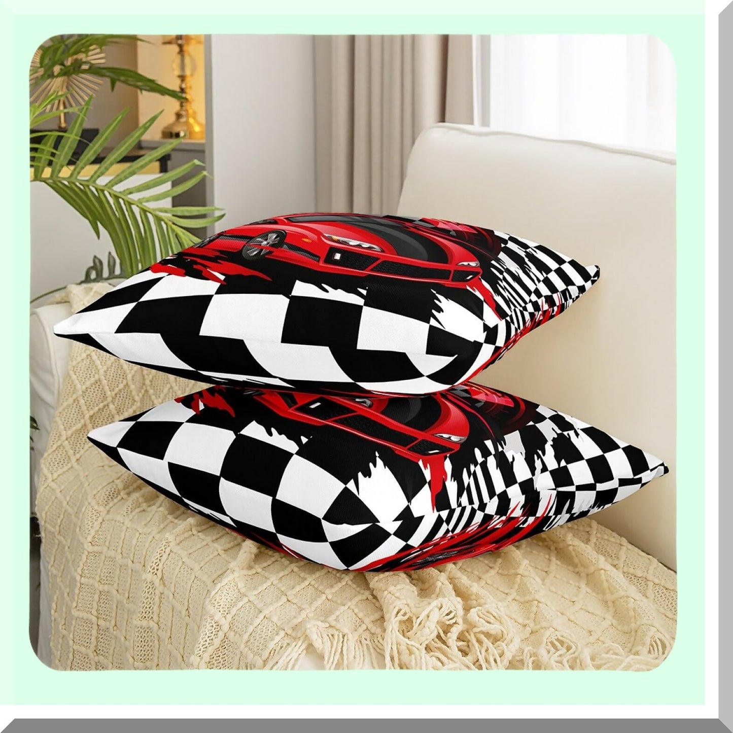 Speedy Grids Race Car Pillow Cover - 18x18 Inch Throw Cushion Case for Bed Sofa Couch - Red Sports Car Theme Decorative Square - Black White