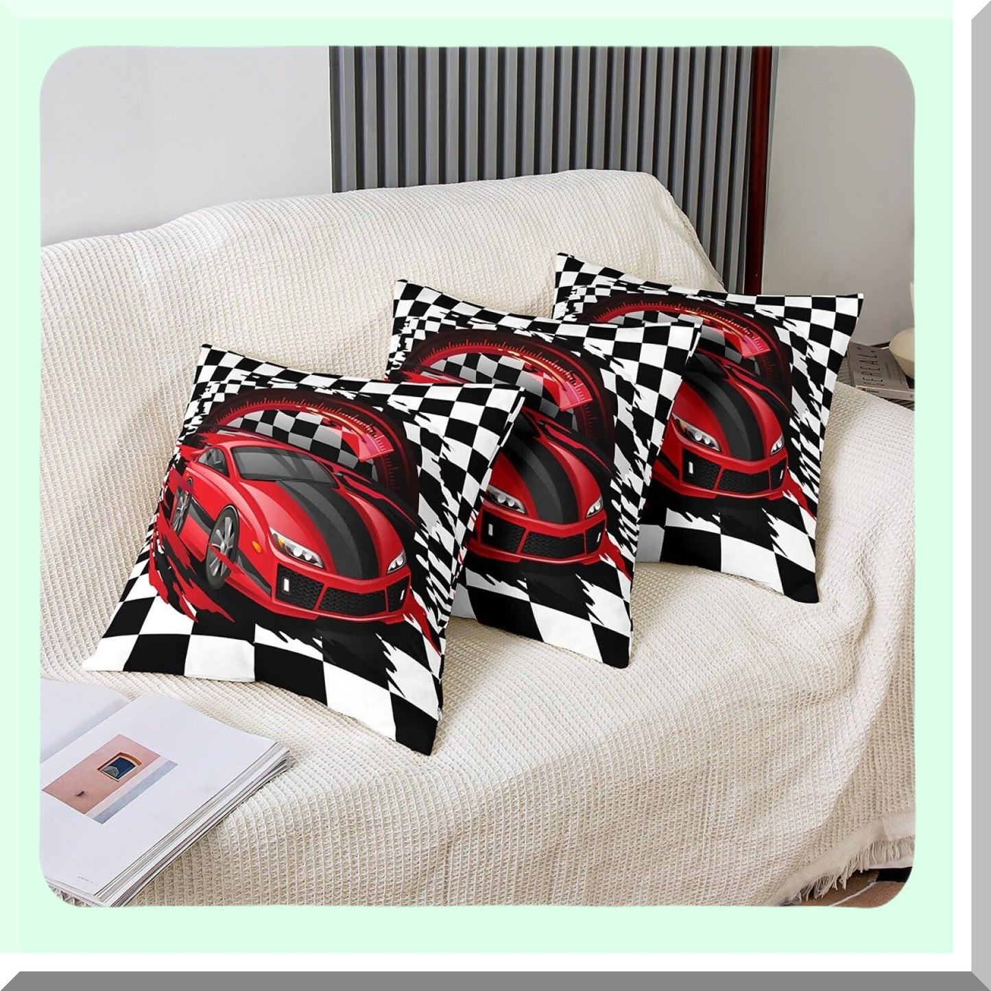 Speedy Grids Race Car Pillow Cover - 18x18 Inch Throw Cushion Case for Bed Sofa Couch - Red Sports Car Theme Decorative Square - Black White