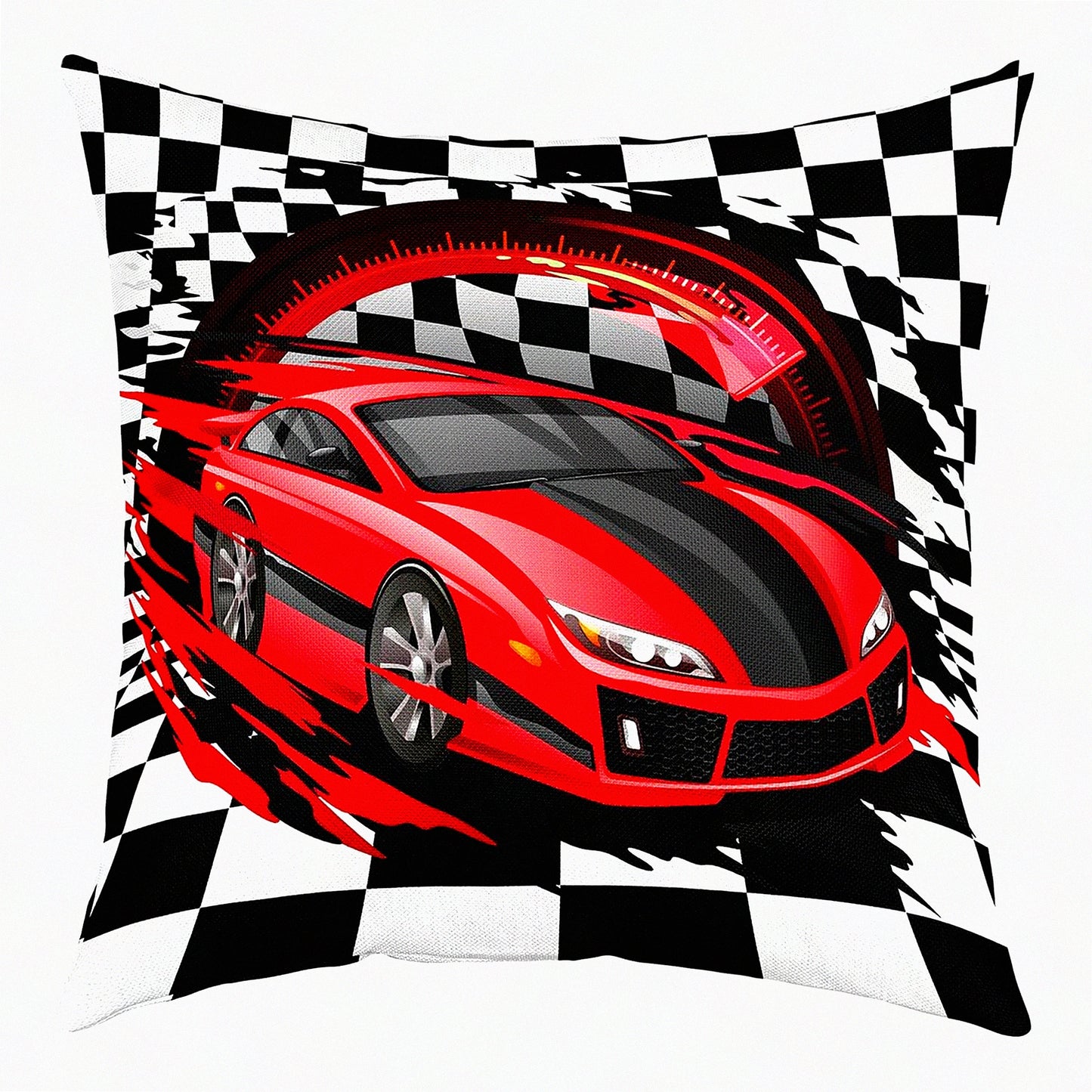 Speedy Grids Race Car Pillow Cover - 18x18 Inch Throw Cushion Case for Bed Sofa Couch - Red Sports Car Theme Decorative Square - Black White