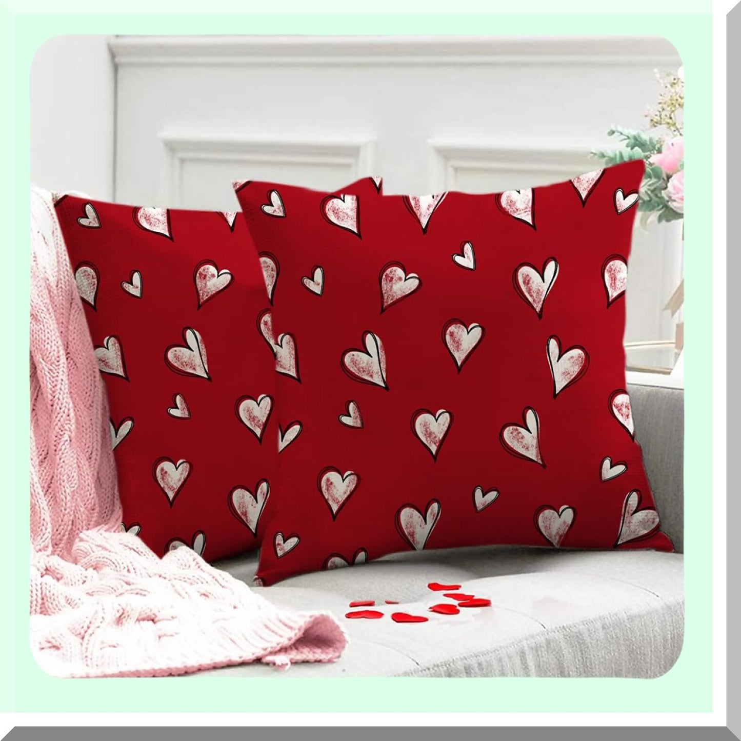 Heartfelt Love Pillow Covers - Set of 2 Red & White Hearts Decorative Throw Pillow Cases for Valentine's Day - 18x18 Inch Cushion Covers for Sofa & Couch Décor
