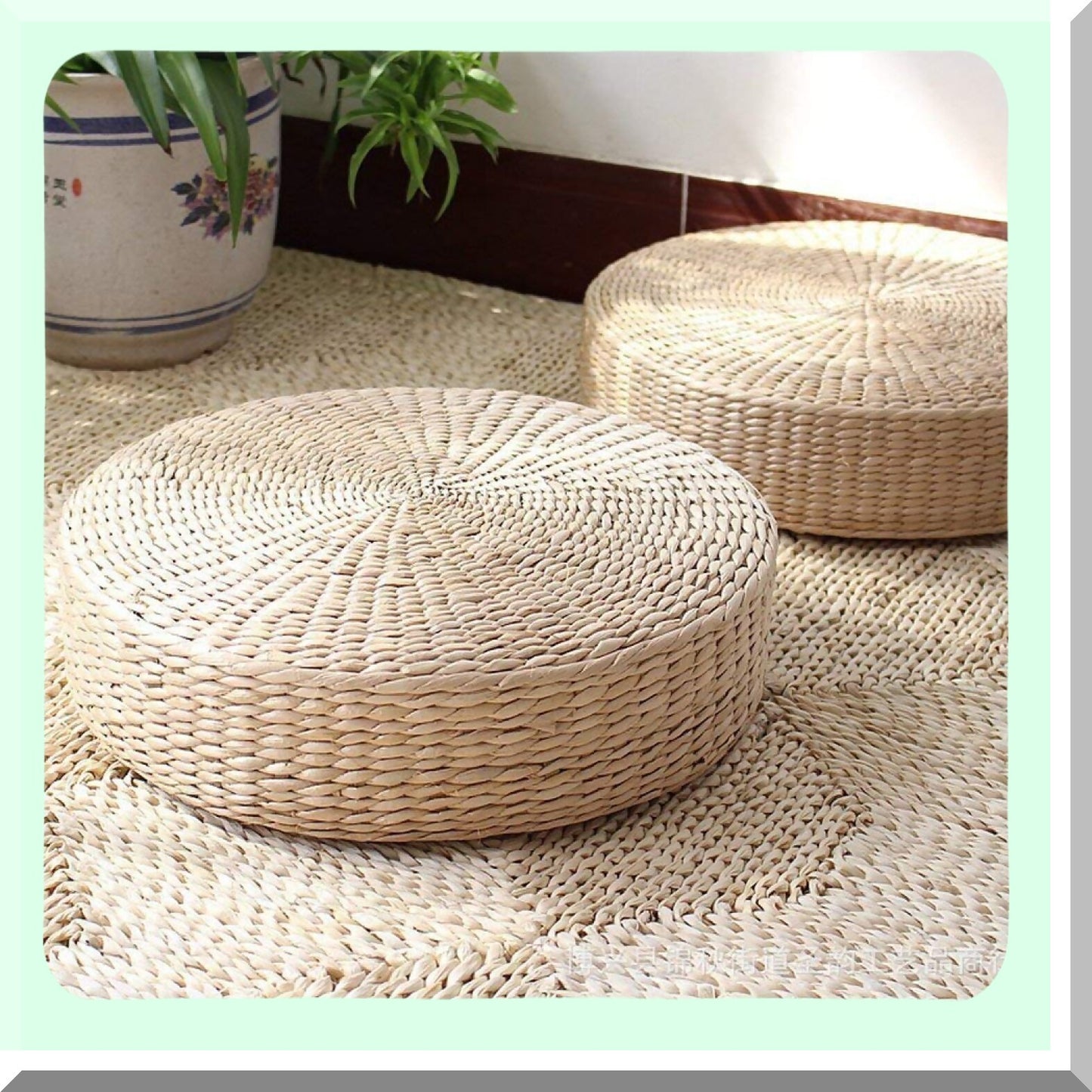 Tatami Round Floor Cushion Set - 2 Pack Bigger Size Sitting Pillows for Outdoor Seating, Padded Straw Mat for Room Decor, Dia 19.7"