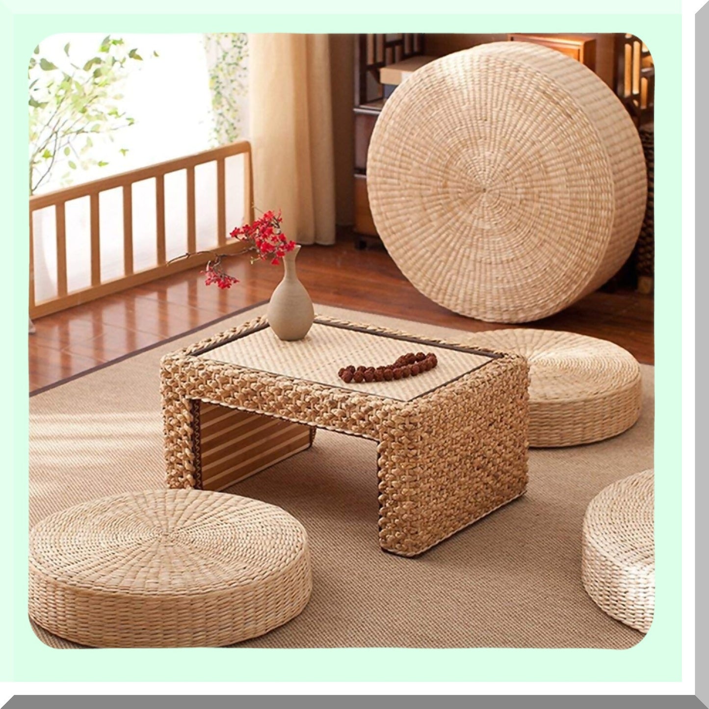 Tatami Round Floor Cushion Set - 2 Pack Bigger Size Sitting Pillows for Outdoor Seating, Padded Straw Mat for Room Decor, Dia 19.7"