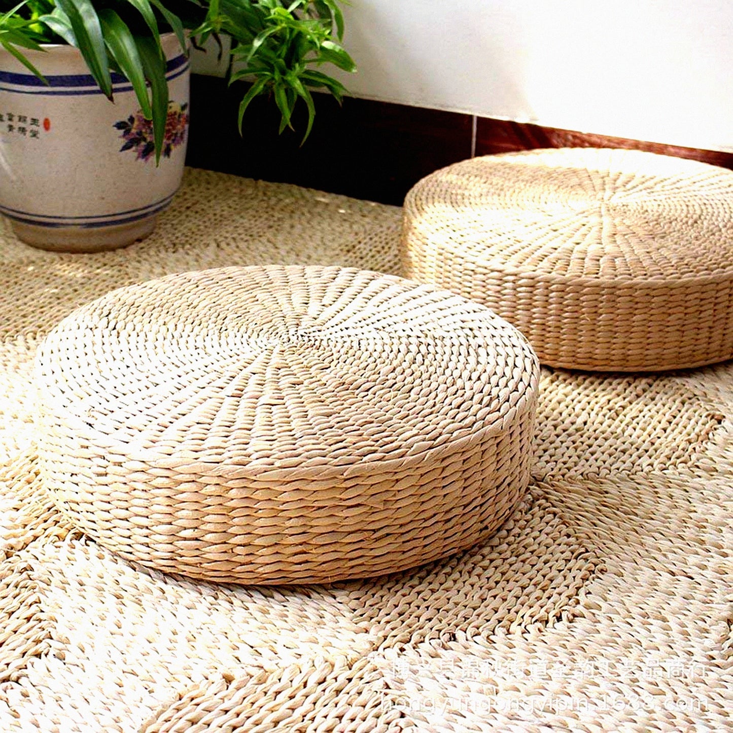Tatami Round Floor Cushion Set - 2 Pack Bigger Size Sitting Pillows for Outdoor Seating, Padded Straw Mat for Room Decor, Dia 19.7"