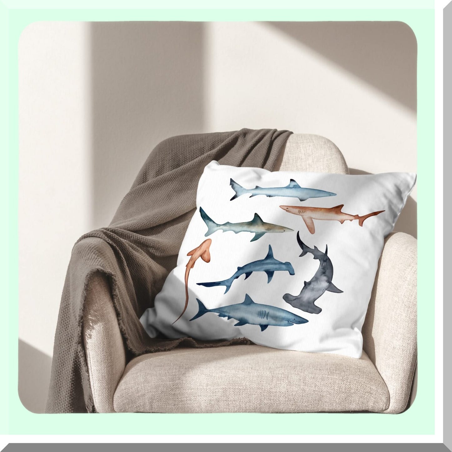 Shark Watercolor Decorative Pillowcase - Ocean Fish Lover Throw Pillow Cover for Sofa Couch - Kids Room Decor 18 x 18 Inch Case