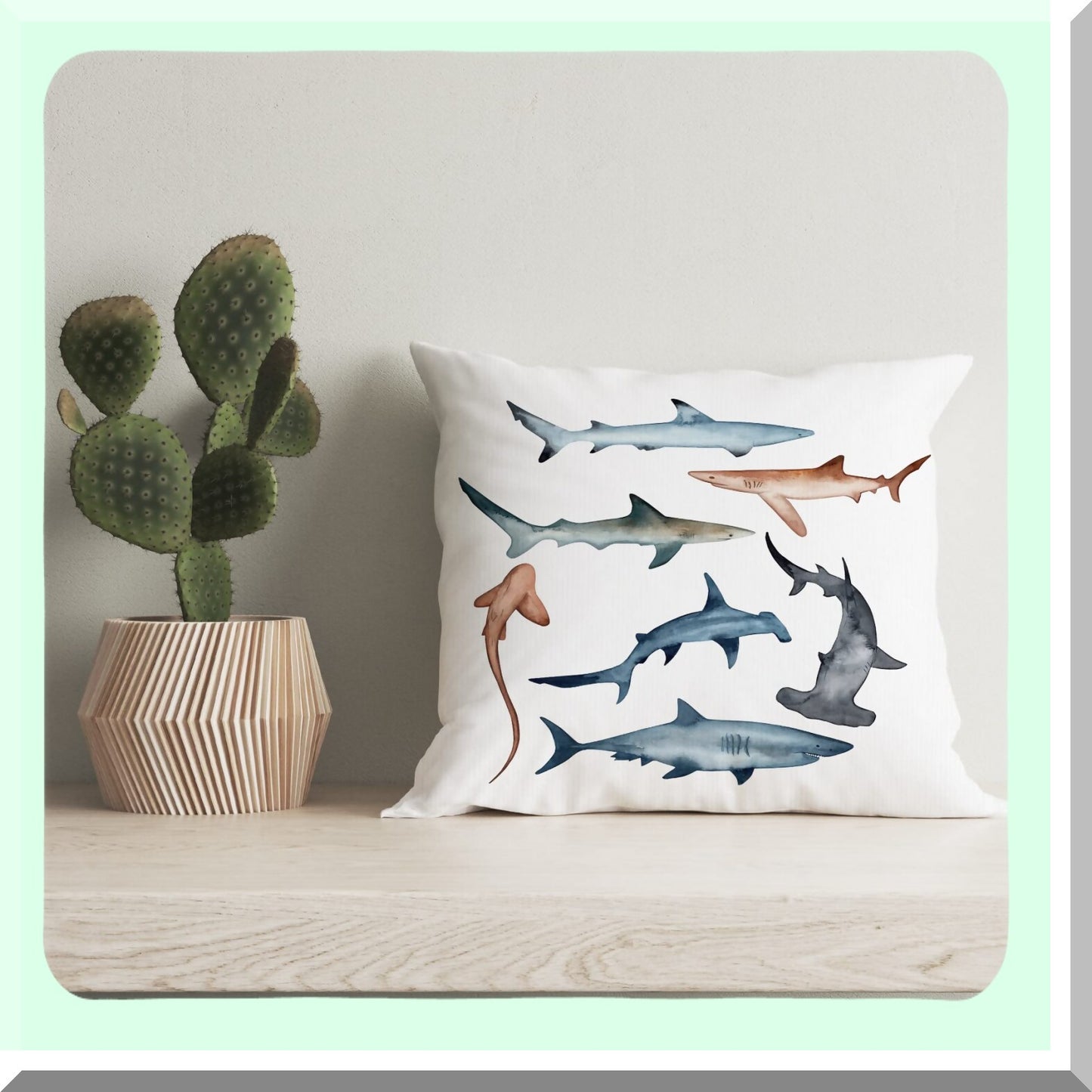 Shark Watercolor Decorative Pillowcase - Ocean Fish Lover Throw Pillow Cover for Sofa Couch - Kids Room Decor 18 x 18 Inch Case