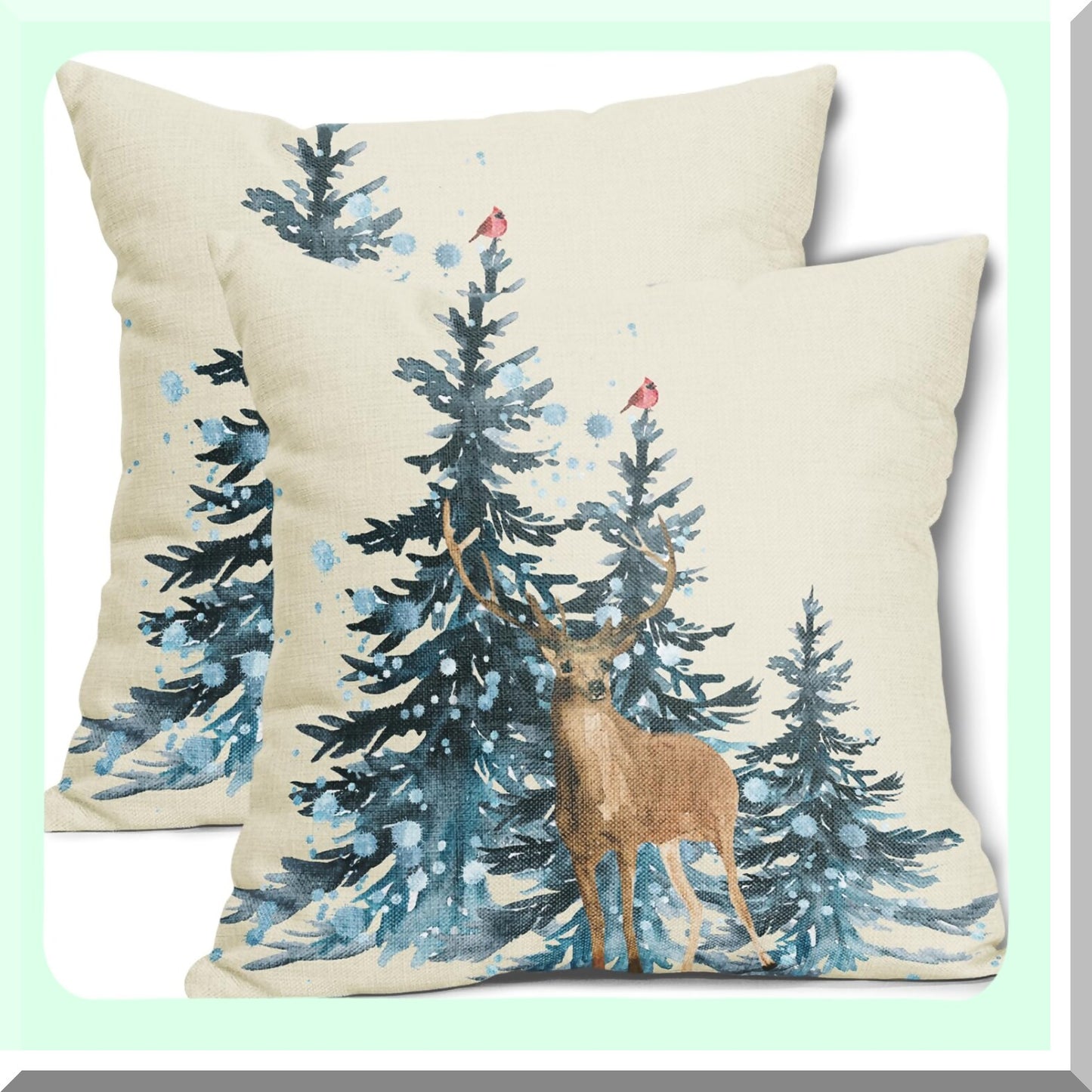 Blue Watercolor Winter Forest Reindeer Pillow Covers - Set of 2 18X18 Inch Seasonal Animal Decorative Throw Pillows for Sofa, Porch, Couch - Square Bird Deer Home Decor Outdoor