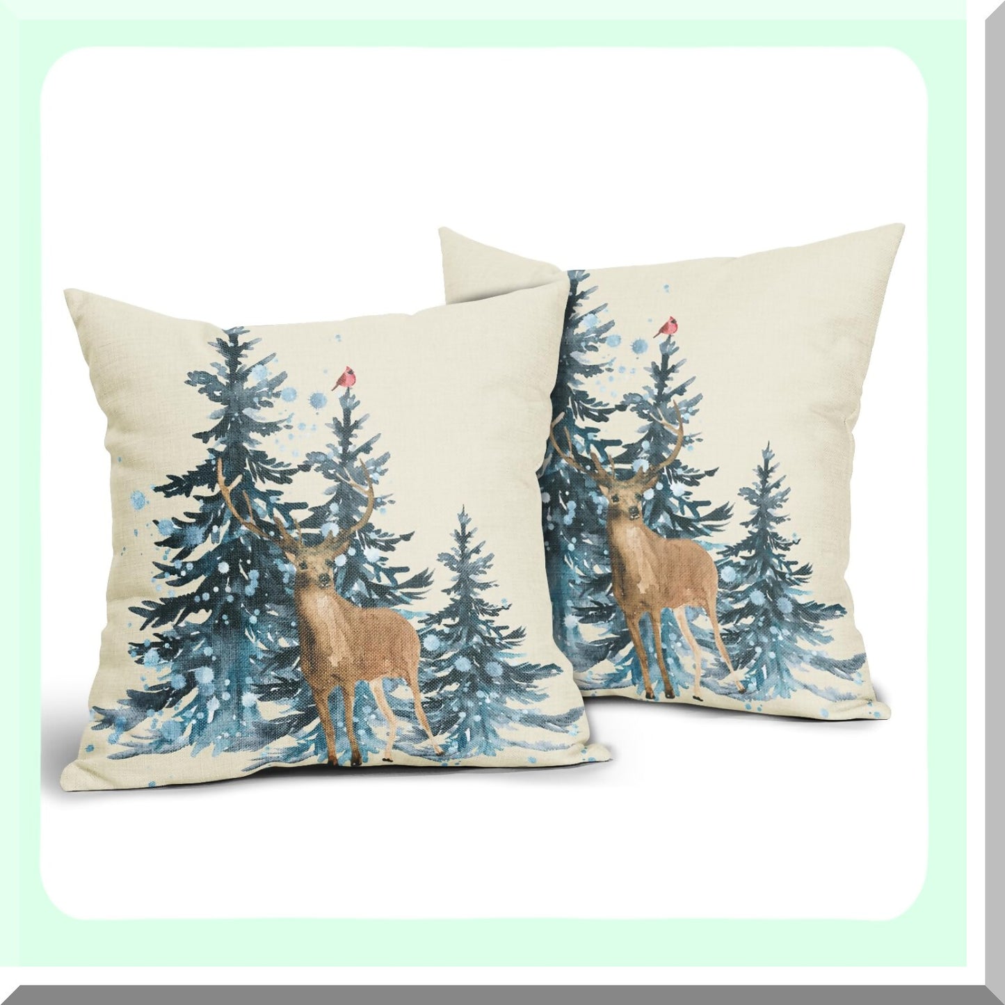Blue Watercolor Winter Forest Reindeer Pillow Covers - Set of 2 18X18 Inch Seasonal Animal Decorative Throw Pillows for Sofa, Porch, Couch - Square Bird Deer Home Decor Outdoor