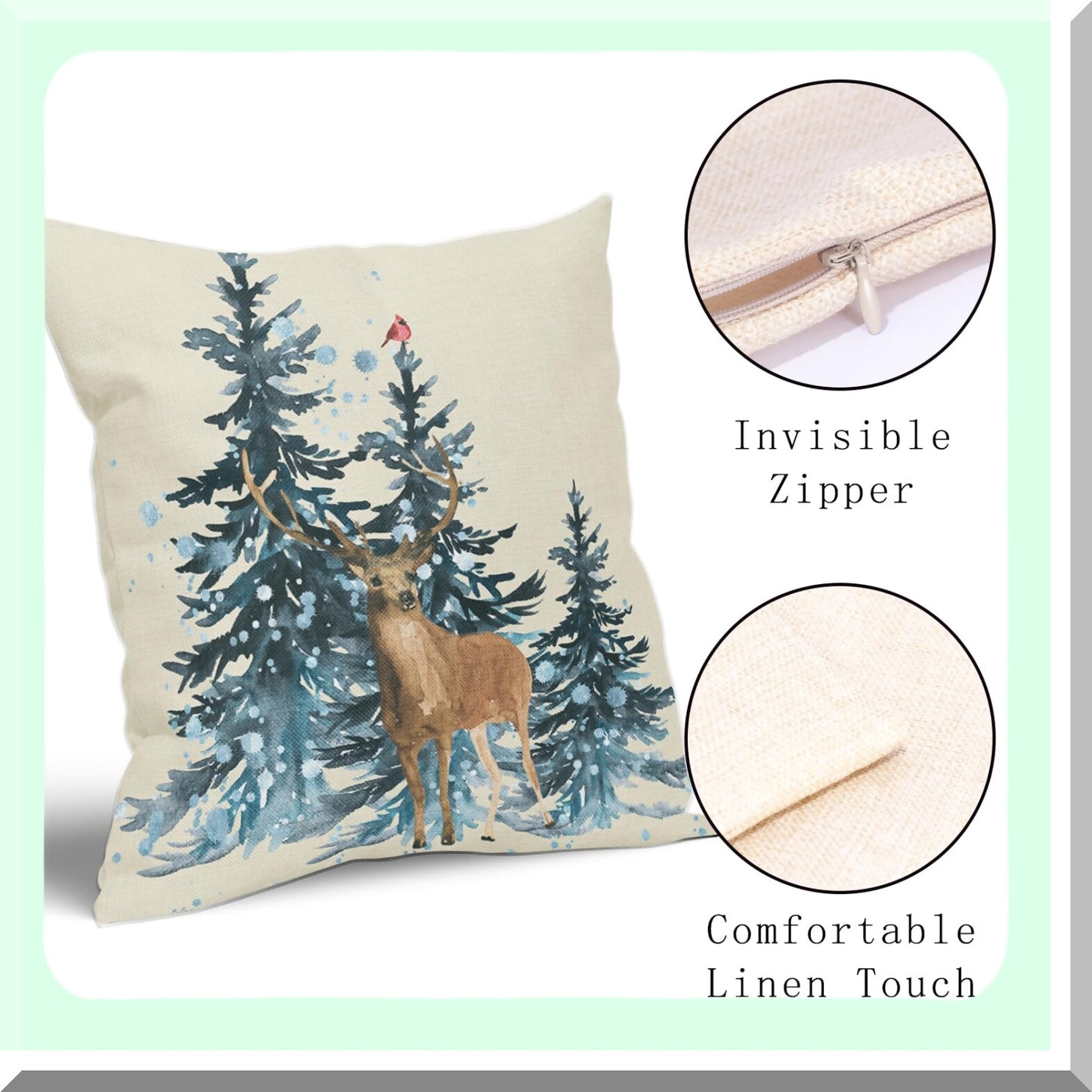 Blue Watercolor Winter Forest Reindeer Pillow Covers - Set of 2 18X18 Inch Seasonal Animal Decorative Throw Pillows for Sofa, Porch, Couch - Square Bird Deer Home Decor Outdoor