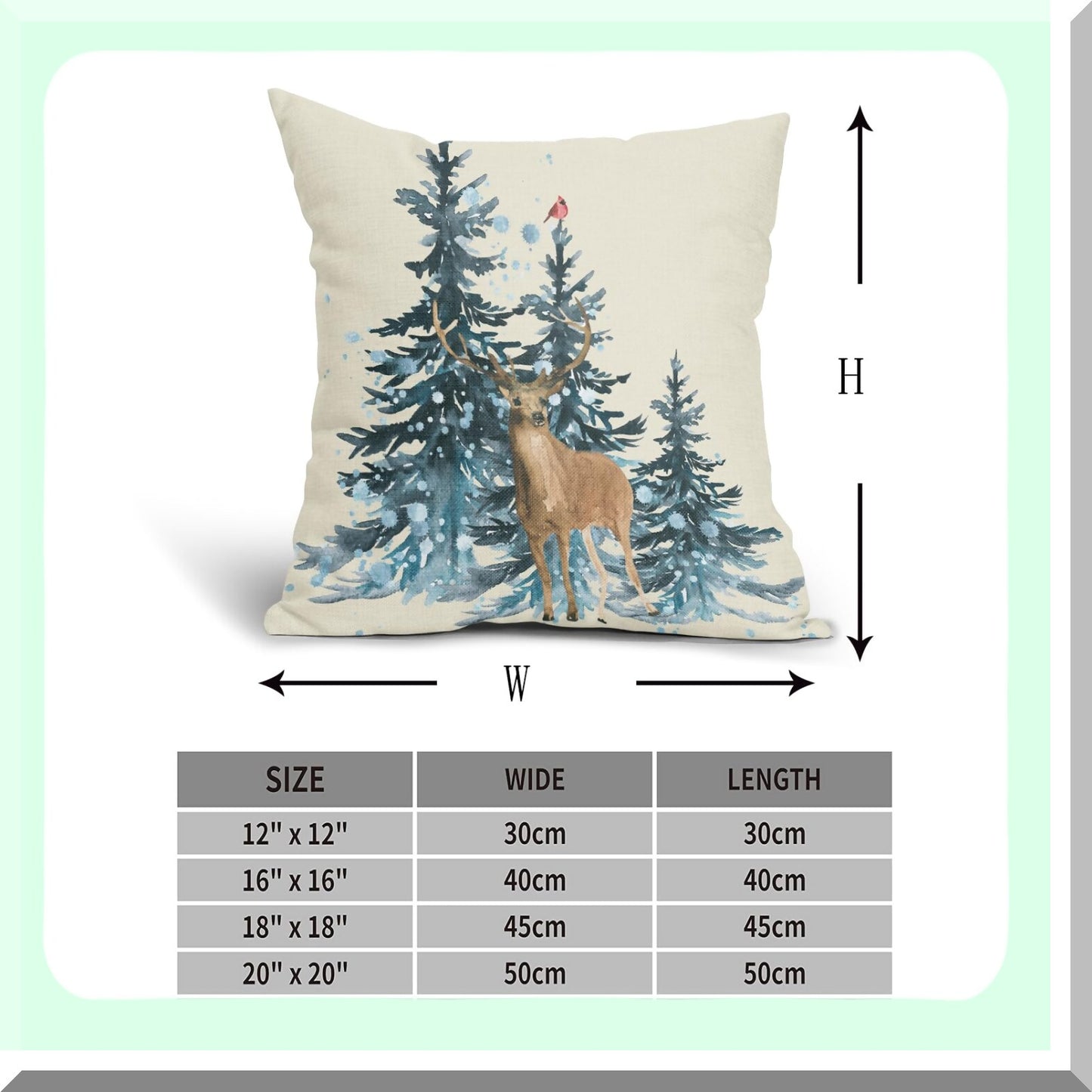 Blue Watercolor Winter Forest Reindeer Pillow Covers - Set of 2 18X18 Inch Seasonal Animal Decorative Throw Pillows for Sofa, Porch, Couch - Square Bird Deer Home Decor Outdoor