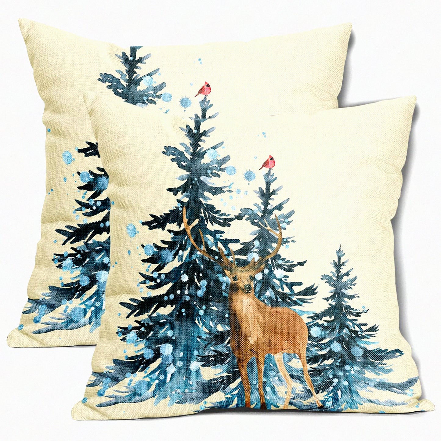 Blue Watercolor Winter Forest Reindeer Pillow Covers - Set of 2 18X18 Inch Seasonal Animal Decorative Throw Pillows for Sofa, Porch, Couch - Square Bird Deer Home Decor Outdoor