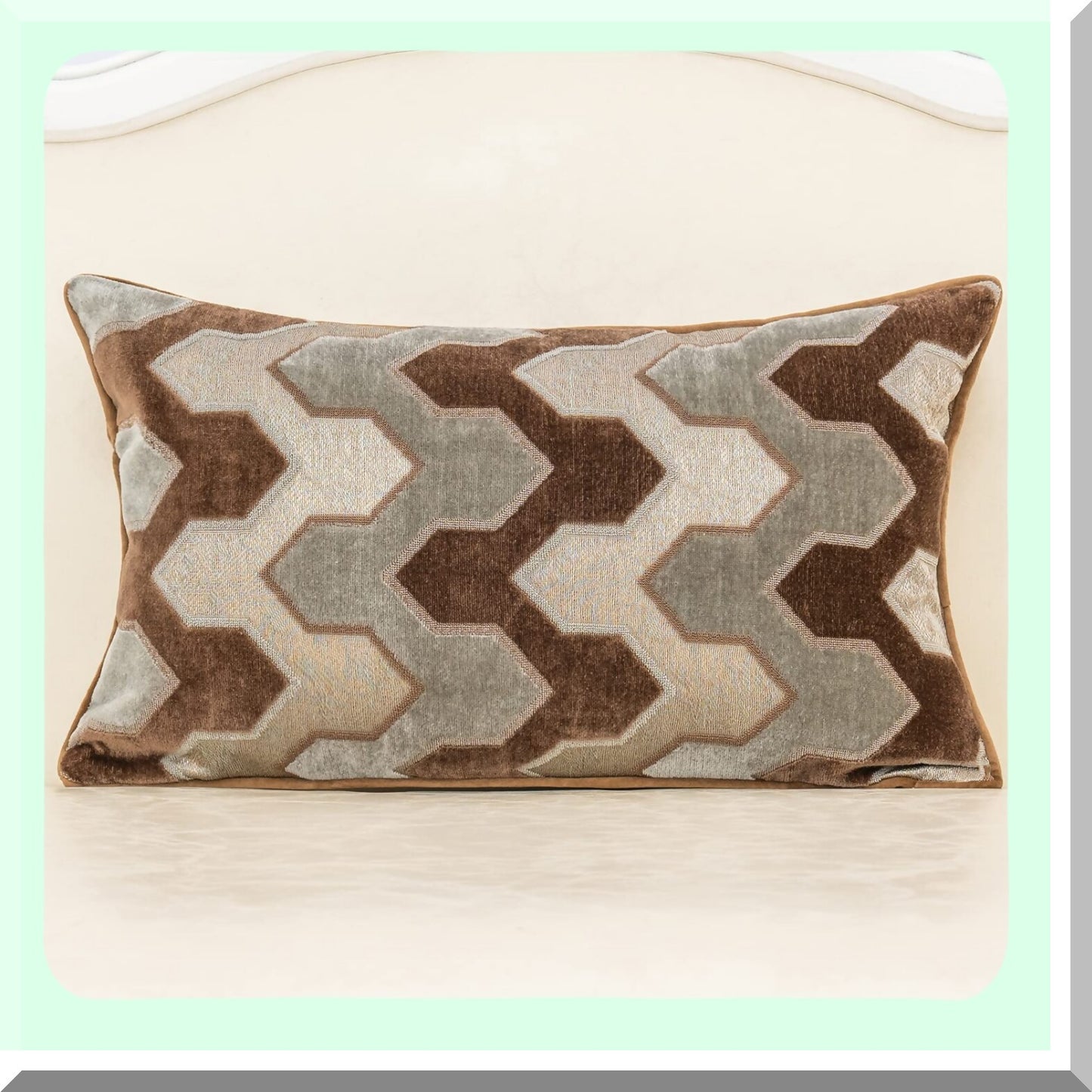 Luxury Geometric Velvet Lumbar Pillow Cover - Modern Stripes Embroidery Decorative Cushion Case for Couch, Sofa, Living Room, Bedroom, Car - Brown Gray Rectangle Throw Pillow 12 x 20 Inch