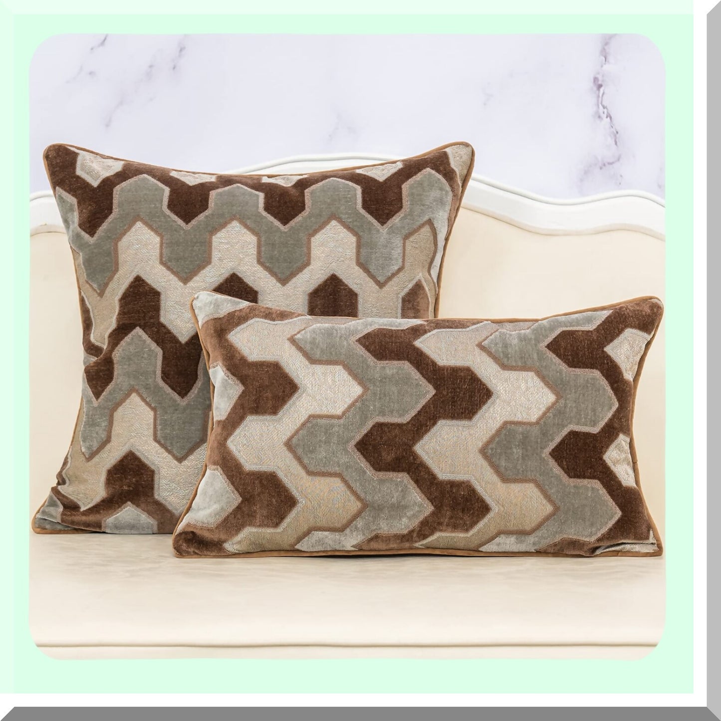 Luxury Geometric Velvet Lumbar Pillow Cover - Modern Stripes Embroidery Decorative Cushion Case for Couch, Sofa, Living Room, Bedroom, Car - Brown Gray Rectangle Throw Pillow 12 x 20 Inch