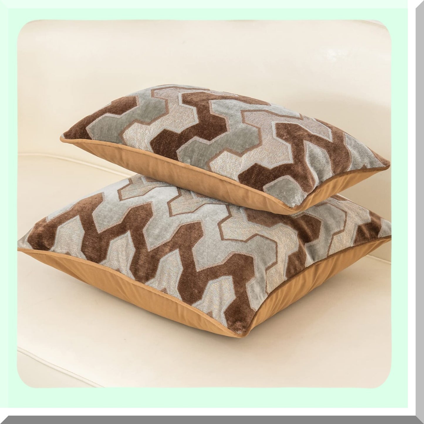 Luxury Geometric Velvet Lumbar Pillow Cover - Modern Stripes Embroidery Decorative Cushion Case for Couch, Sofa, Living Room, Bedroom, Car - Brown Gray Rectangle Throw Pillow 12 x 20 Inch