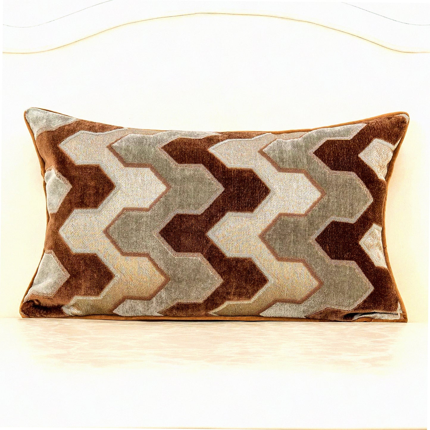 Luxury Geometric Velvet Lumbar Pillow Cover - Modern Stripes Embroidery Decorative Cushion Case for Couch, Sofa, Living Room, Bedroom, Car - Brown Gray Rectangle Throw Pillow 12 x 20 Inch