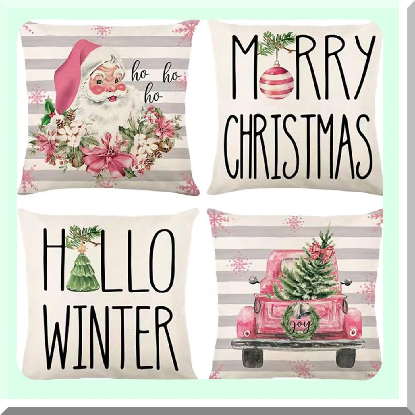 Winter Farmhouse Holiday Pillow Set - Pink Linen Covers for Family Couch Decor - Merry Xmas Throw Pillowcases - 18x18 Inch, Set of 4