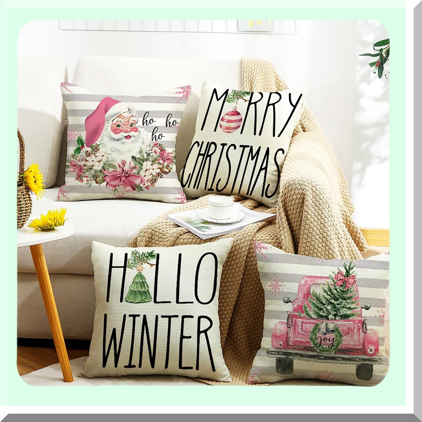 Winter Farmhouse Holiday Pillow Set - Pink Linen Covers for Family Couch Decor - Merry Xmas Throw Pillowcases - 18x18 Inch, Set of 4