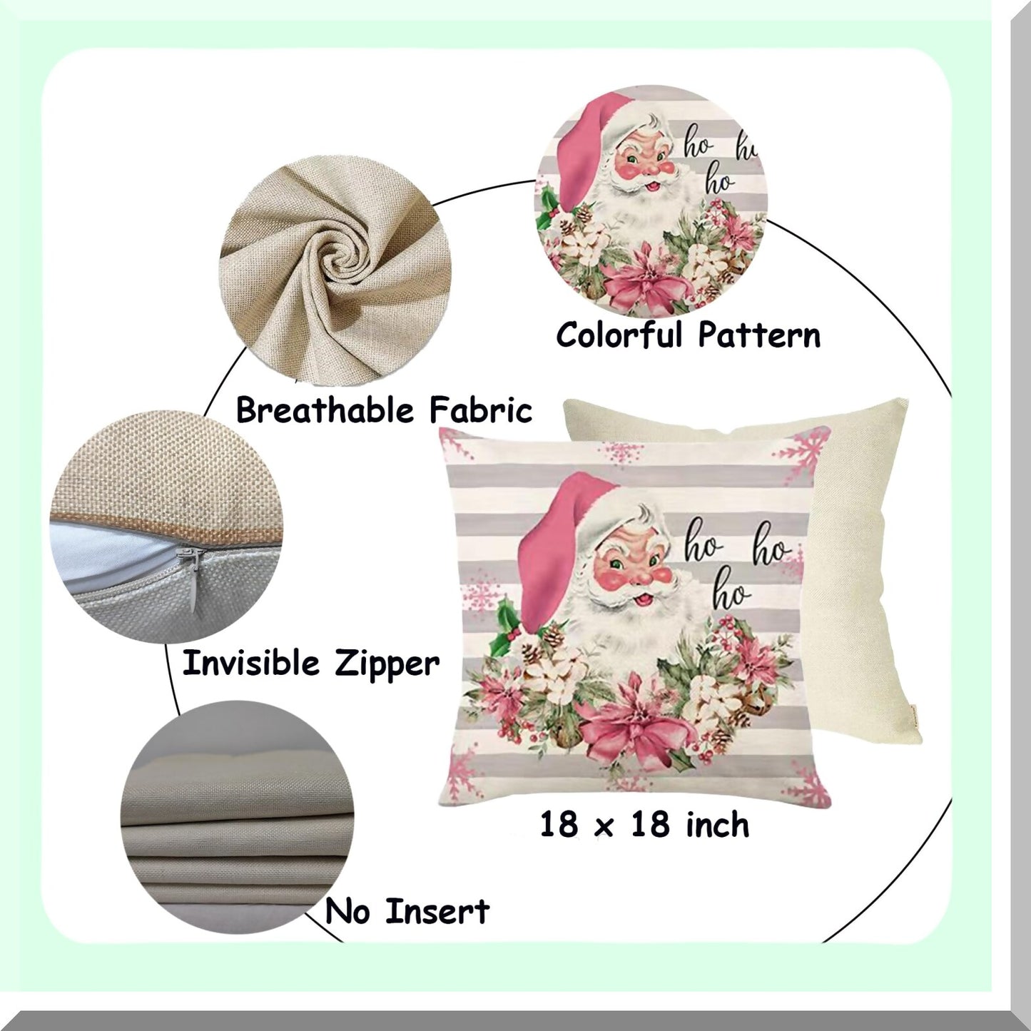 Winter Farmhouse Holiday Pillow Set - Pink Linen Covers for Family Couch Decor - Merry Xmas Throw Pillowcases - 18x18 Inch, Set of 4