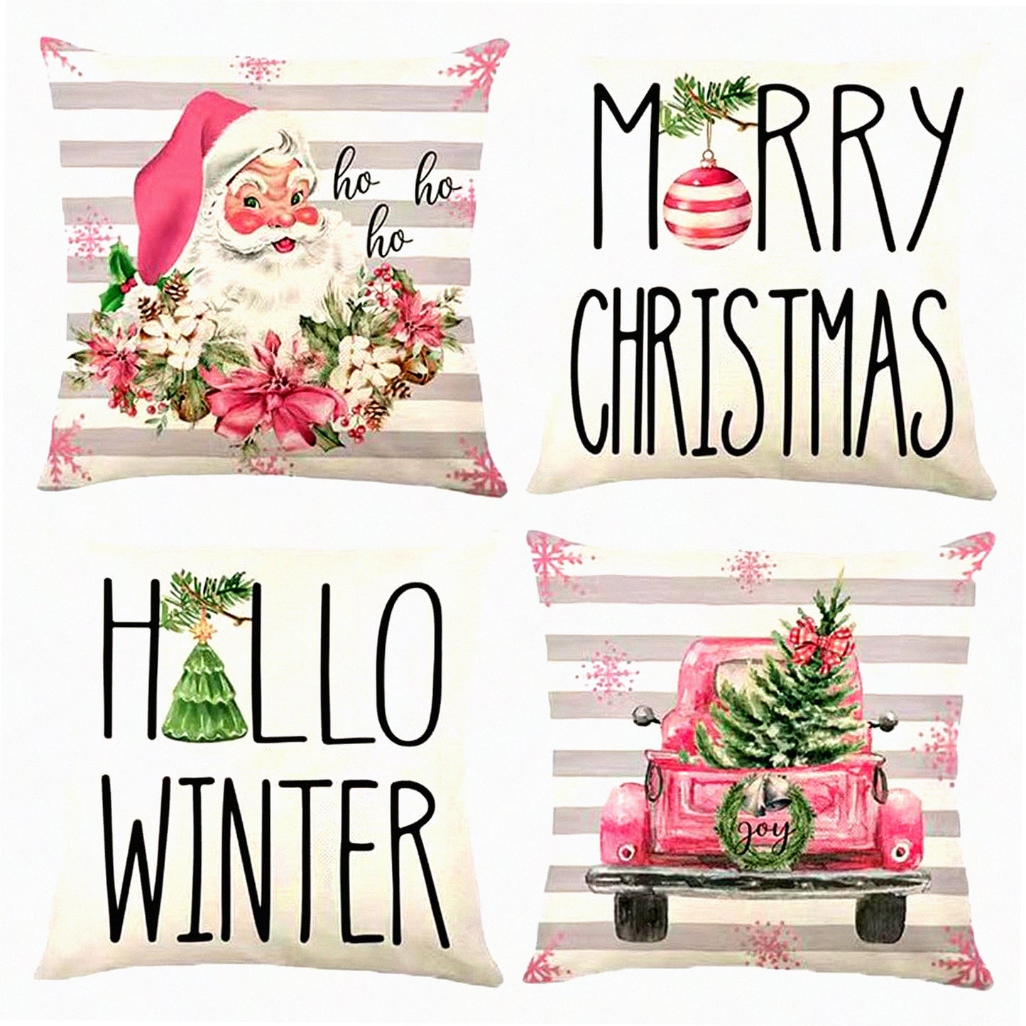 Winter Farmhouse Holiday Pillow Set - Pink Linen Covers for Family Couch Decor - Merry Xmas Throw Pillowcases - 18x18 Inch, Set of 4